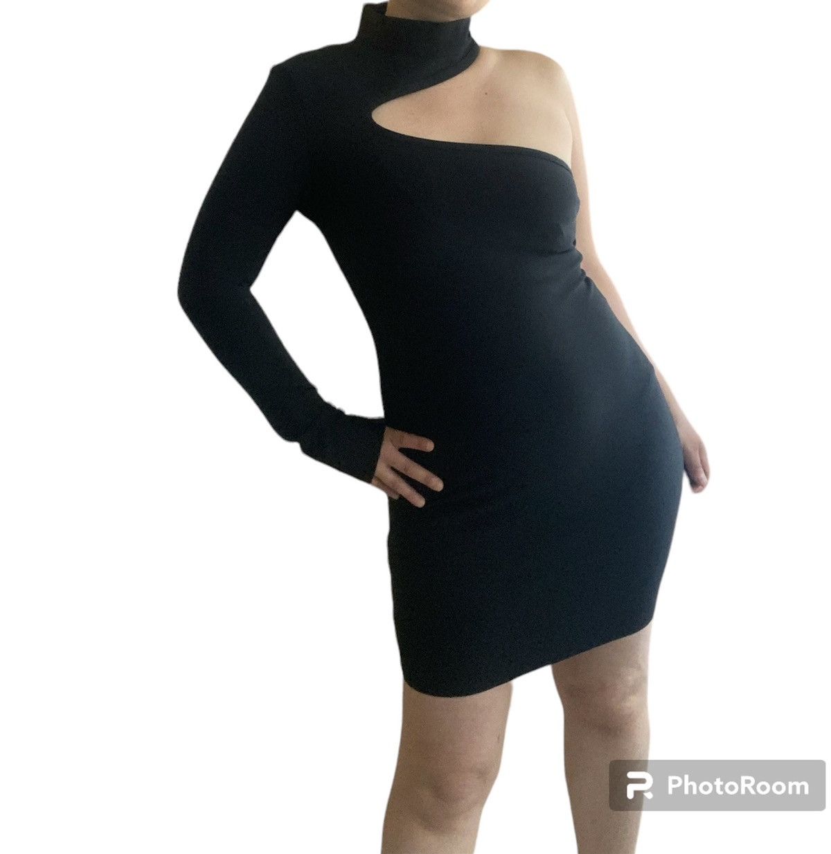 Designer NEW One Shoulder Midi Asymmetrical Dress in Black Size M / US 6-8 / IT 42-44 - 1 Thumbnail