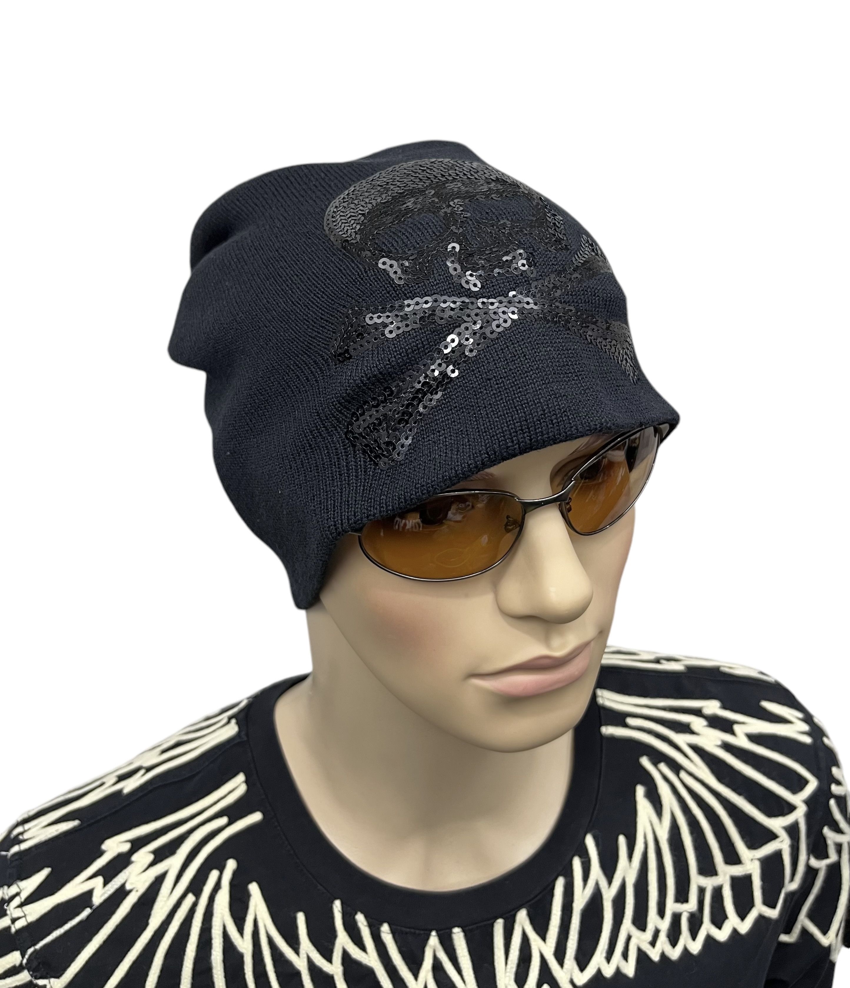 Japanese Brand × Rockstar Games 💀 🎸Vintage ROCK THE WORLD Black Sequins Skull Beanie Size ONE SIZE - 3 Thumbnail