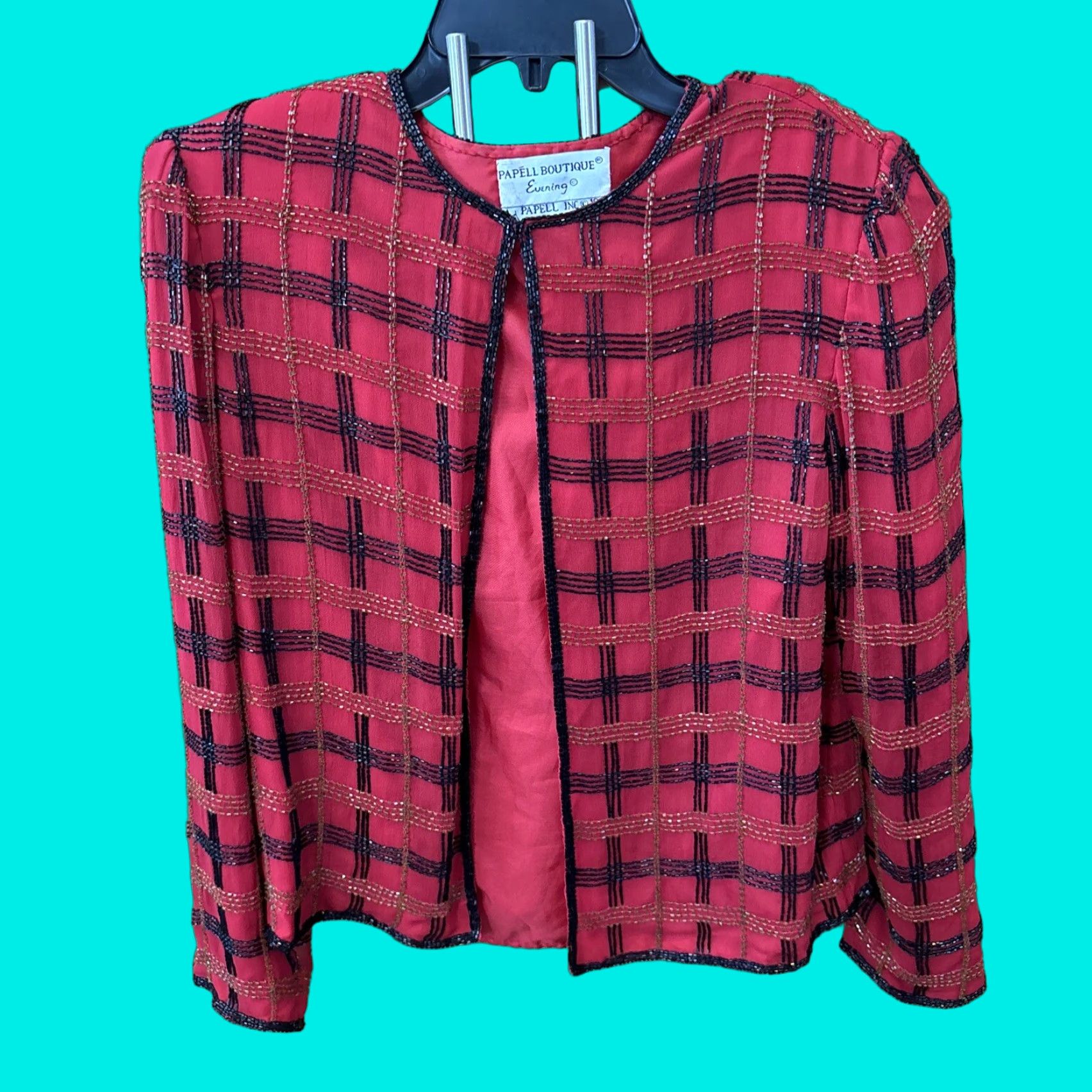 Vintage VINTAGE Papell Boutique Silk Long Sleeve Jacket Beaded Red Black Lined S Size S / US 4 / IT 40 - 1 Thumbnail