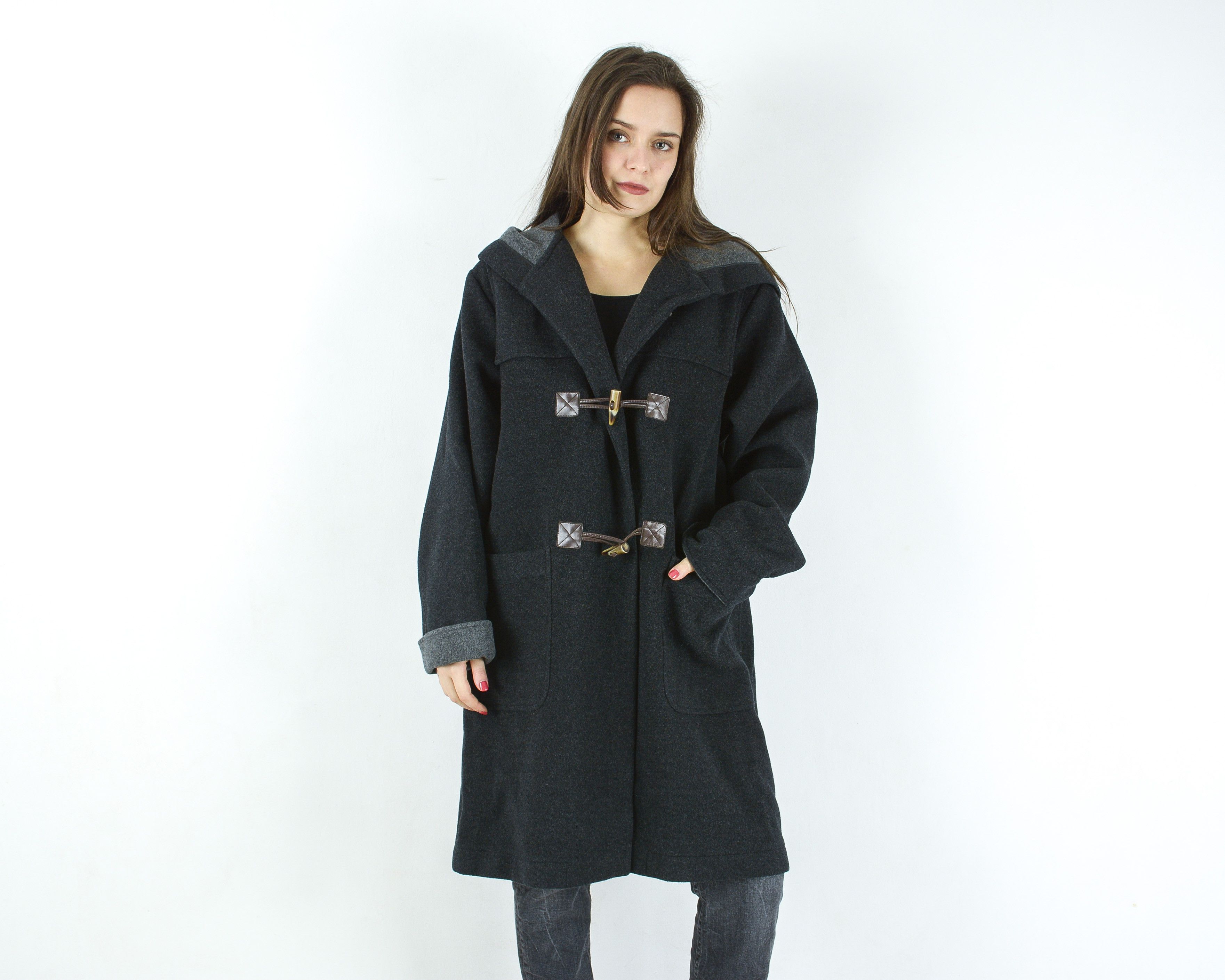 image of Vintage Loden Frey Wool Duffle Coat Hooded Jacket Parka Overcoat in Black, Women's (Size Medium)