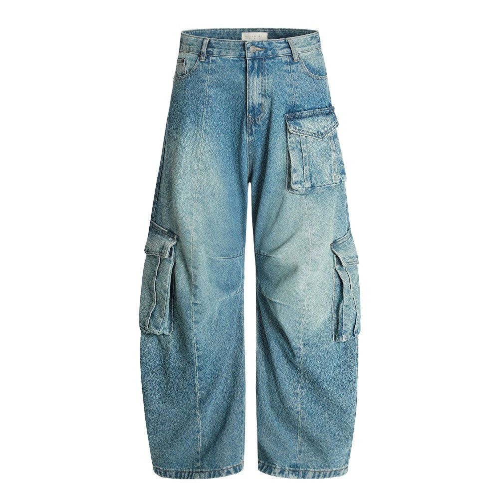 Jean Distressed men's loose washed multi-pocket work jeans Size US 32 / EU 48 - 1 Thumbnail