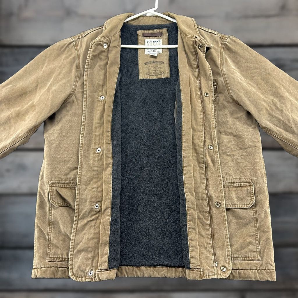 VINTAGE Old Navy Jacket Mens L Brown Canvas Chore Barn Fleece Lined Workwear 90s Army Mens