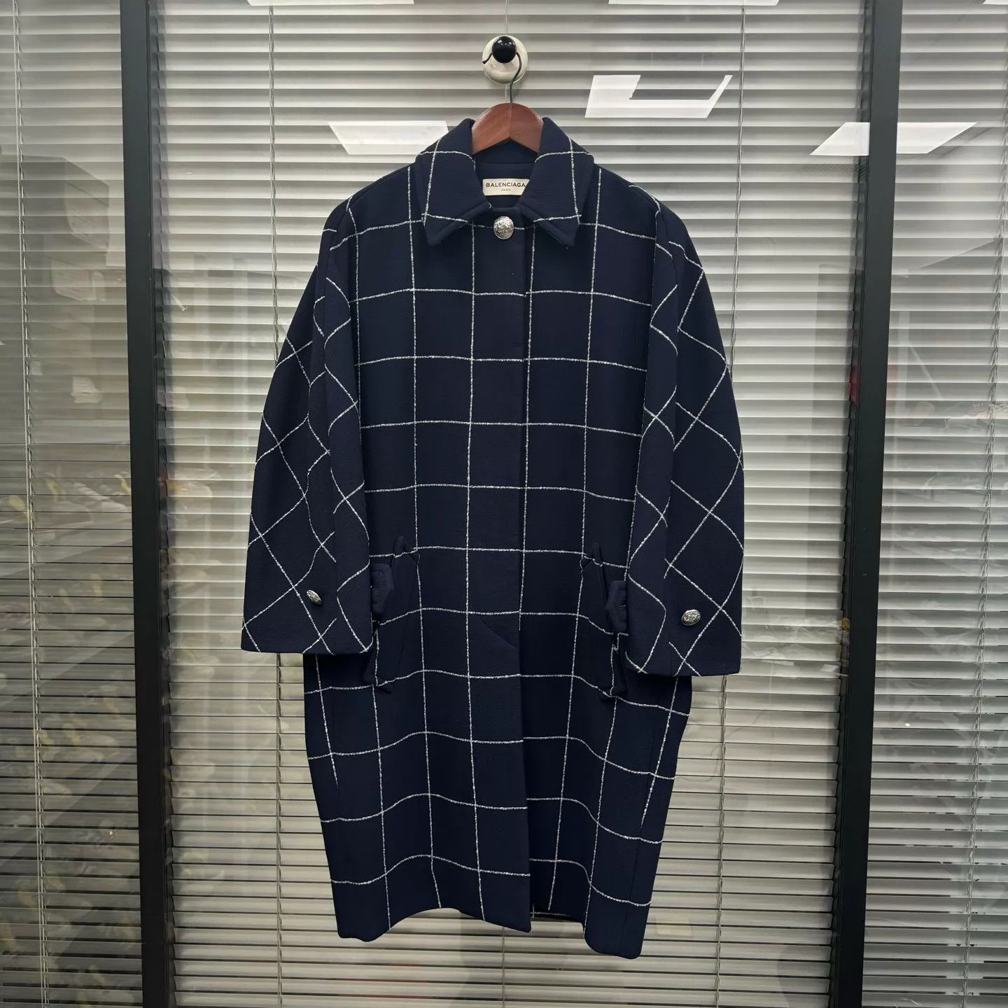 Balenciaga Balenciaga Navy Check Cape Coat Women's 36 99 New Size XS / US 0-2 / IT 36-38 - 1 Thumbnail