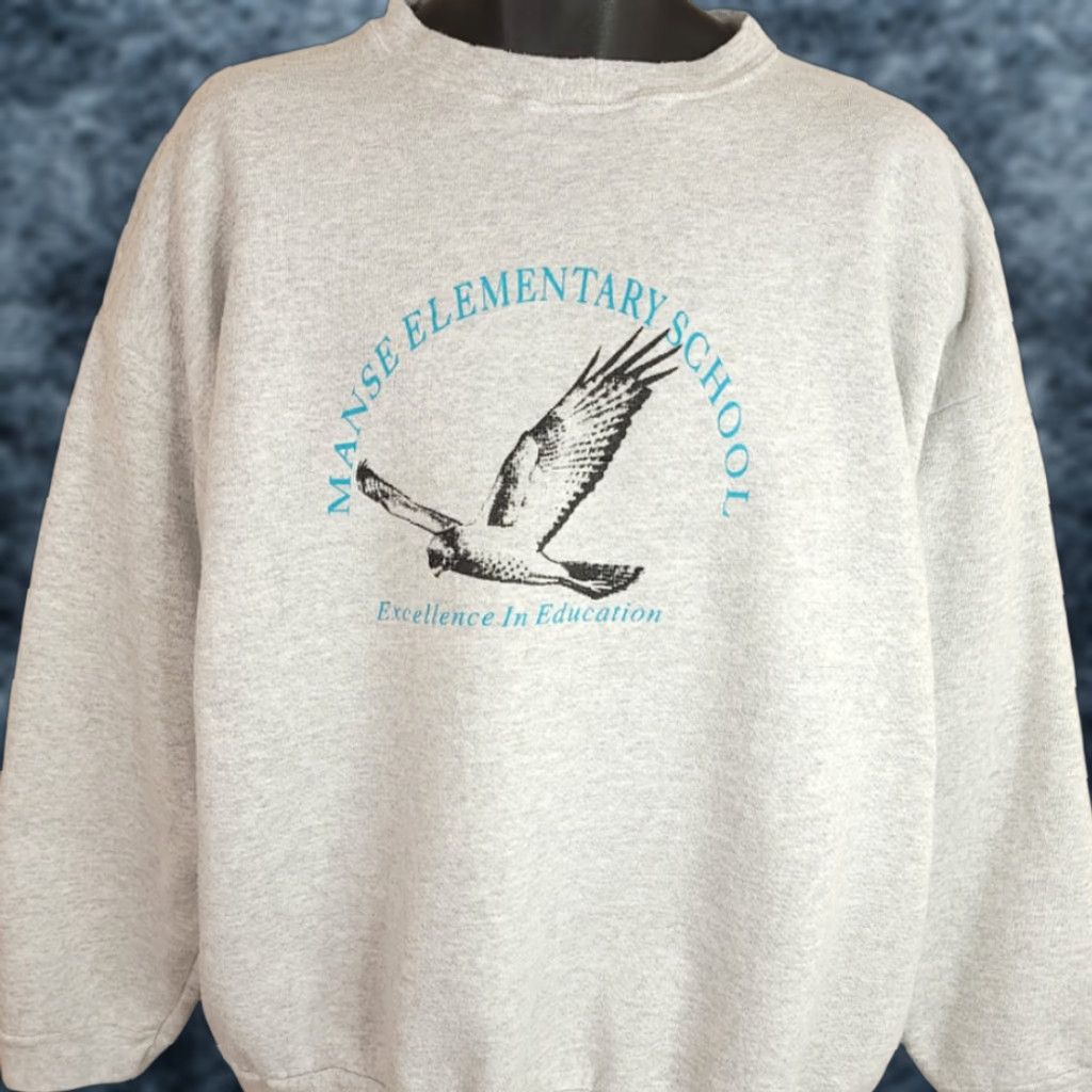 Russell Athletic VINTAGE Manse Elementary School Sweatshirt Hawks 90s Mens Size 2XL Gray Russell Athletic Crew Neck Pullover Cotton Blend Size US XXL / EU 58 / 5 - 1 Thumbnail