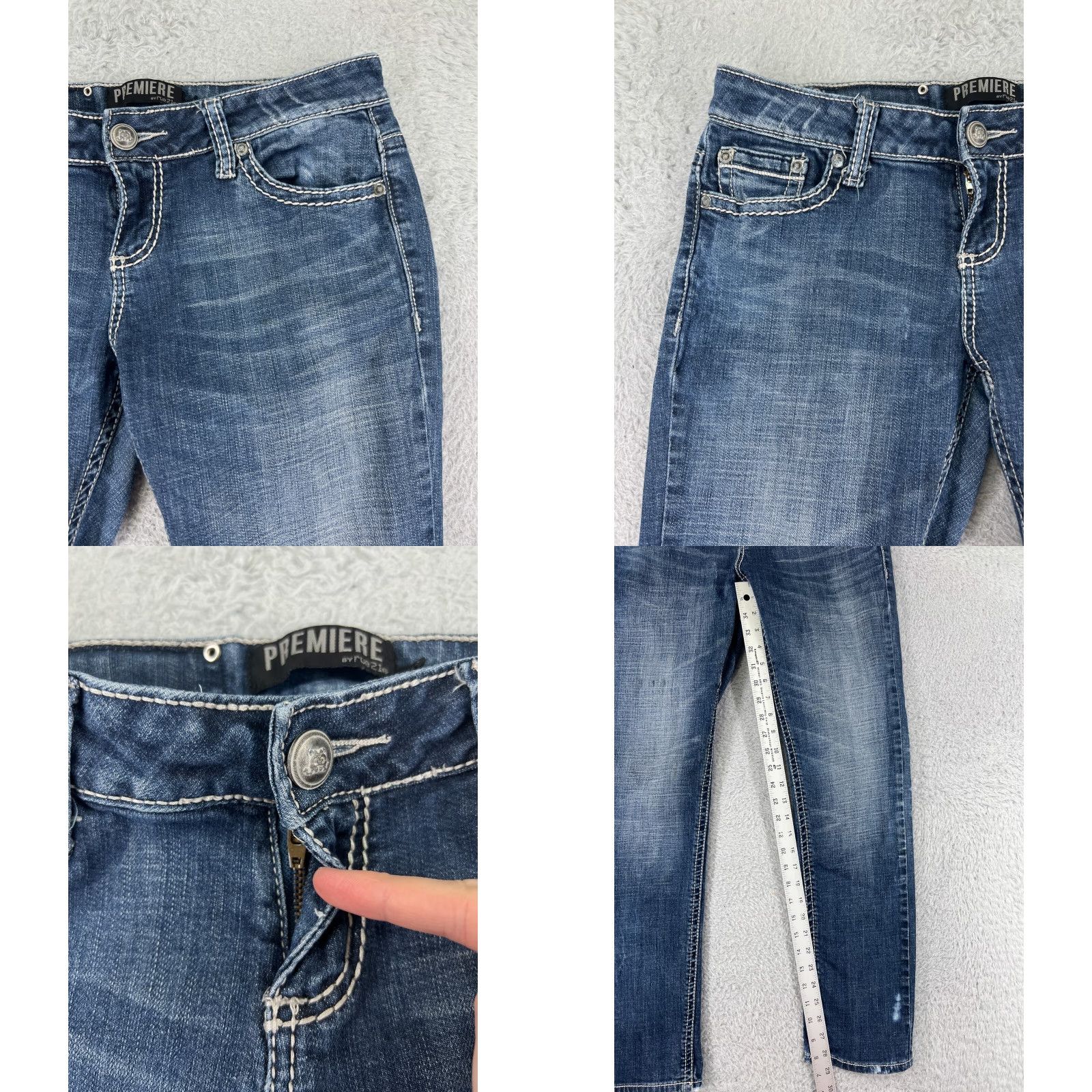 Vintage Premiere Jeans Women 7 Blue Denim Distressed Embroidered Rhinestone Studded 5-Pocket Straight Slim Jeans Fall Spring Summer Womens Size 28" / US 6 / IT 42 - 8 Thumbnail