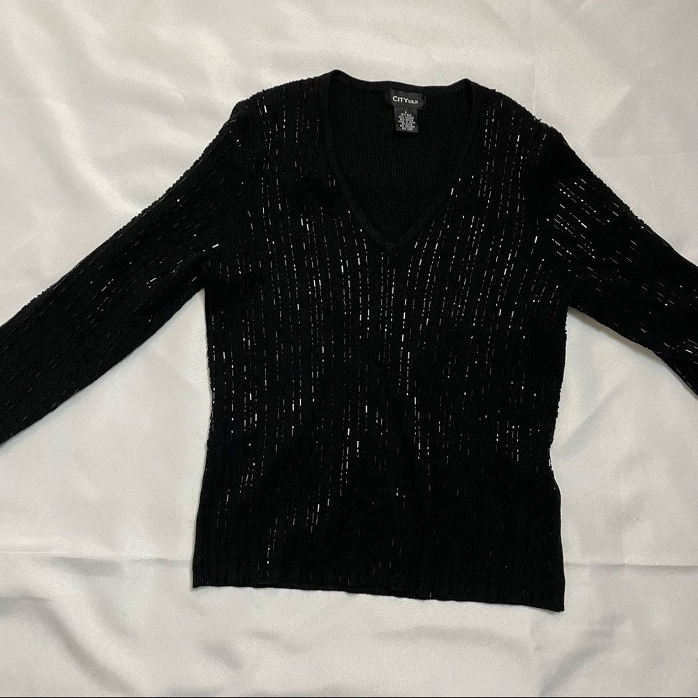 Other City Silk V-neck 3/4 Sleeve Beaded Black Sweater Size L Size L / US 10 / IT 46 - 8 Thumbnail
