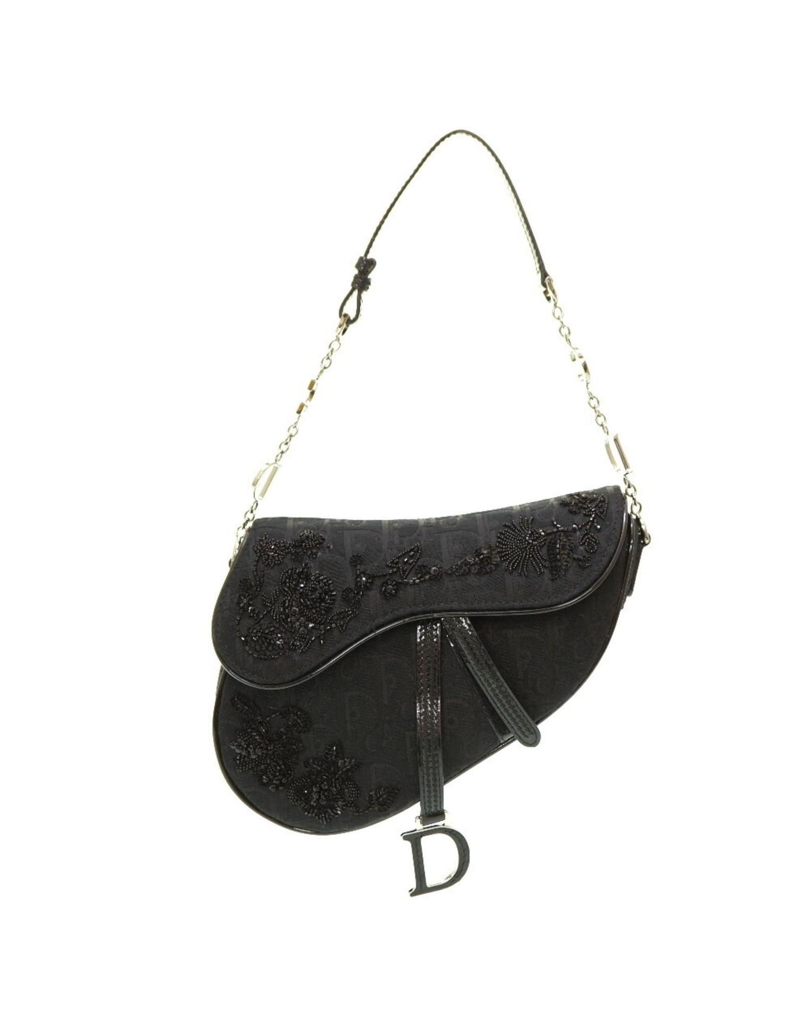 image of Dior Iconic Black Canvas Shoulder Bag With Silver Hardware, Women's