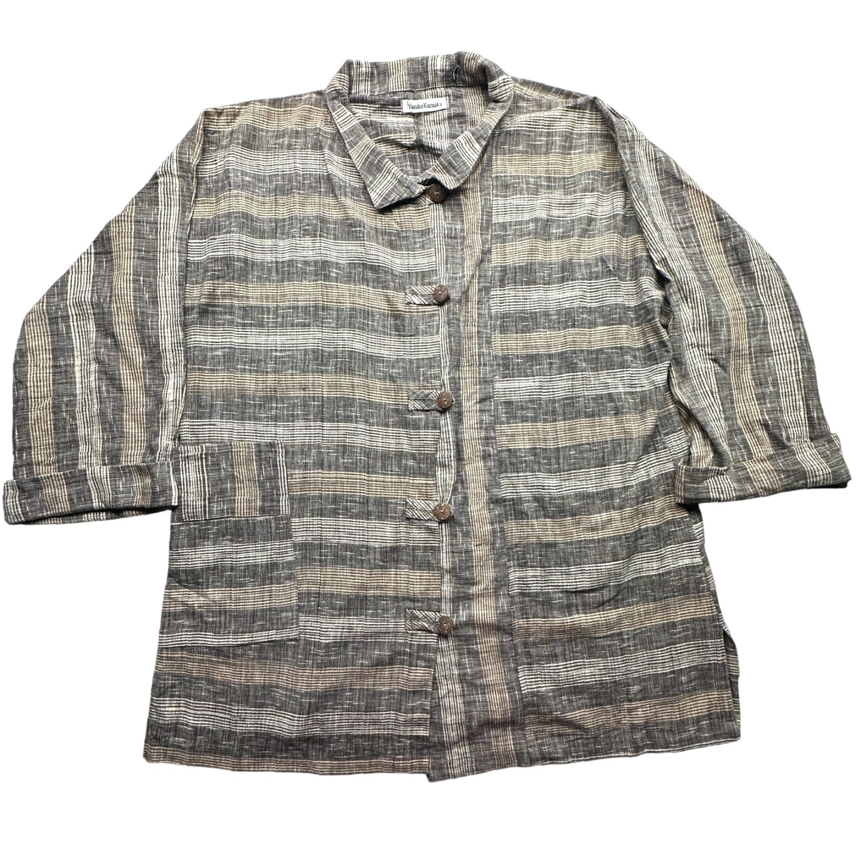 Vintage Yasuko Kurisaka Striped Brown Gray Pocket Button Sweater Coat Jacket Women Large Kimono Style Coatigan Size L / US 10 / IT 46 - 2 Thumbnail