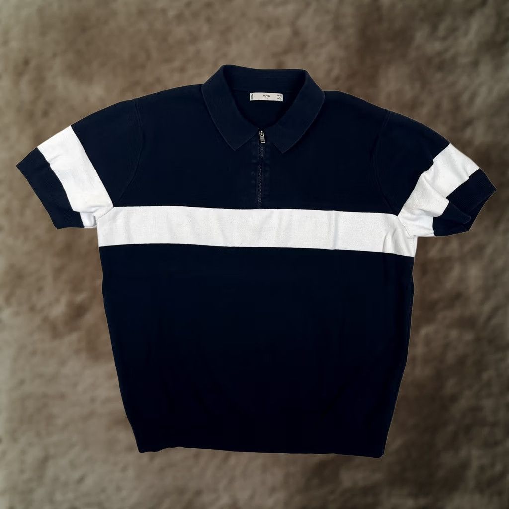 Mango Mango MNG Man Polo Shirt Mens Large Blue White Stripe 1/4 Zip Short Sleeve Knit Size US L / EU 52-54 / 3 - 1 Thumbnail