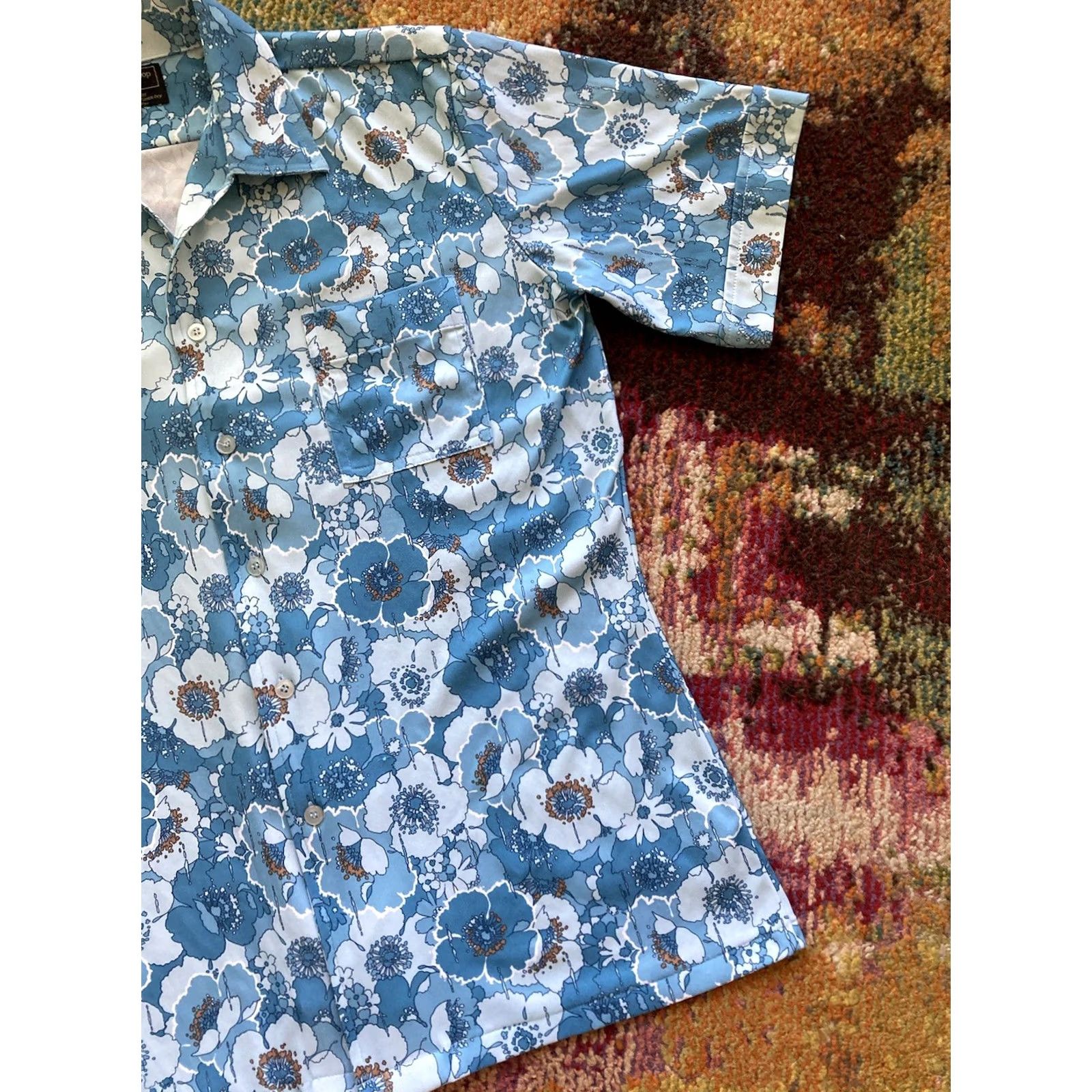 JCPenney VINTAGE JC Penneys Shirt Mens Large Hawaii Floral Blue Button Up Short Sleeve Casual 60s 70s 80s USA Size US L / EU 52-54 / 3 - 3 Thumbnail