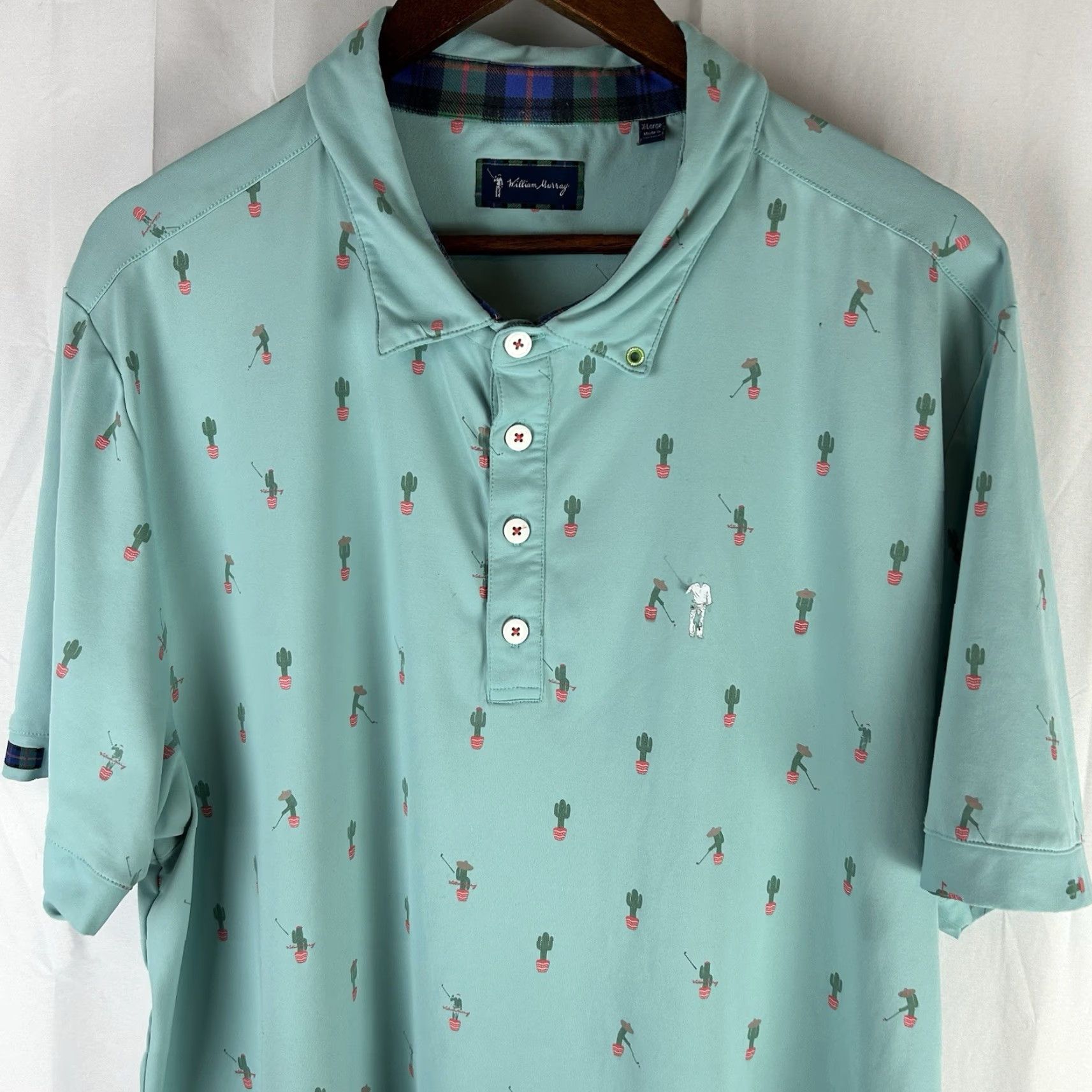 Vintage William Murray Golf Polo Shirt Men XL Mint Cactus Print Short Sleeve Button-Up Collared Hawaiian Sports Tropical Green Size US XL / EU 56 / 4 - 2 Thumbnail