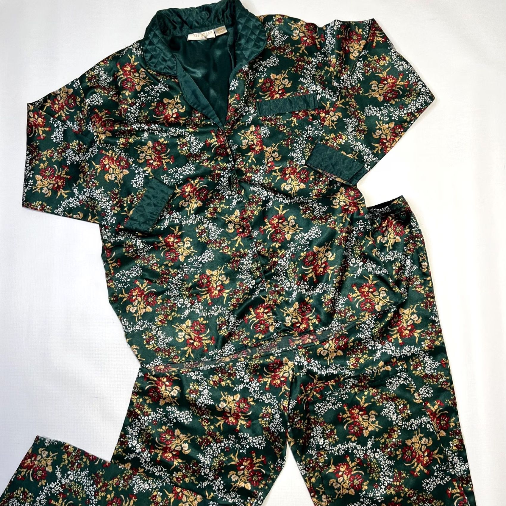 Victoria's Secret VINTAGE Victoria's Secret Pajama Set Womens Small Green Floral Quilted Satin 90s Size ONE SIZE - 2 Thumbnail