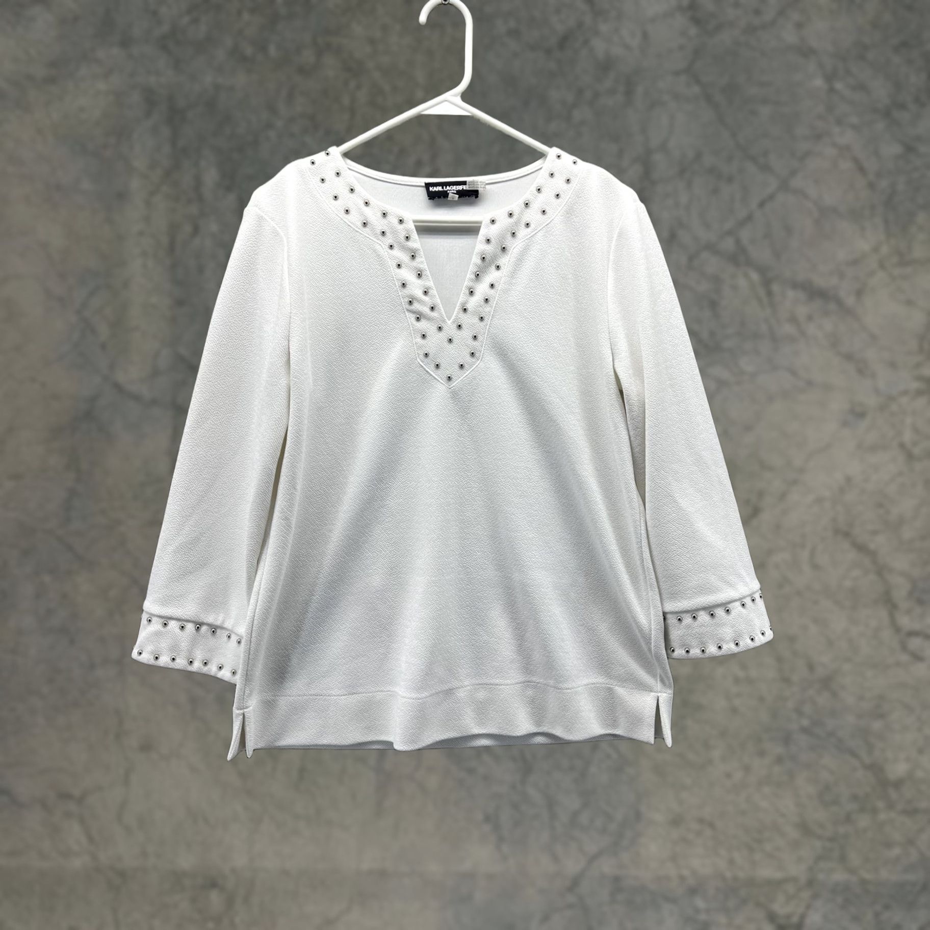 Karl Lagerfeld Karl Lagerfeld Paris Blouse Womens Small White Studded V Neck 3/4 Sleeve Top Size S / US 4 / IT 40 - 1 Thumbnail