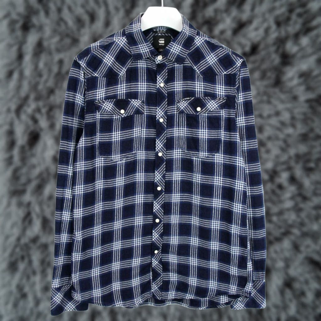 G-Star G-STAR 3301 Slim Fit Shirt Men's LARGE Blue Checked Patched Chest Pockets Button-Up Casual Everyday Shirt MensL Blue Checked Slim Fit Shirt Size US L / EU 52-54 / 3 - 1 Thumbnail