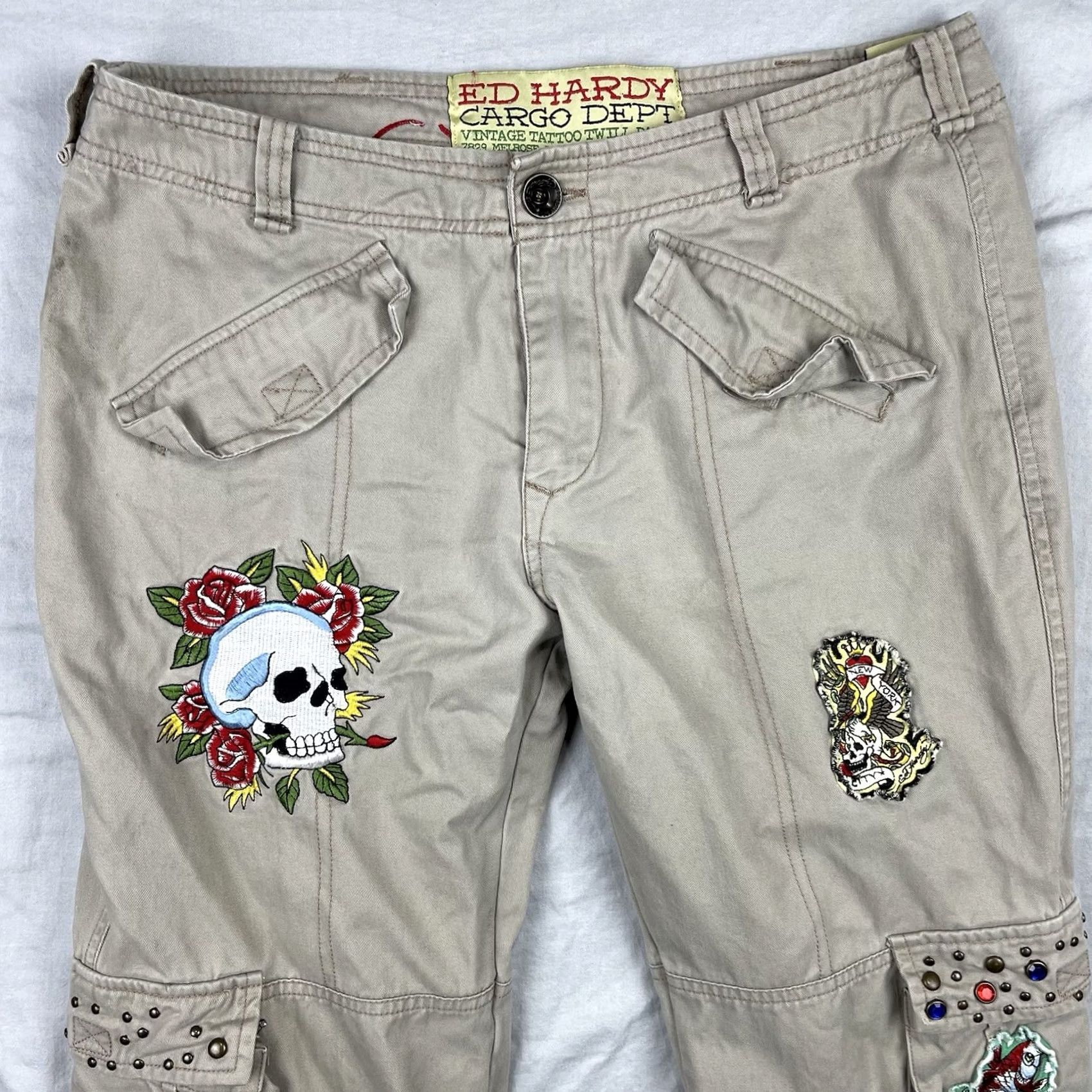 Ed Hardy VINTAGE Ed Hardy Cargo Pants Women 29 Paratrooper Y2K Patches Studded Rhinestone Pants Woman Beige 29 Cargo Size 29" - 6 Thumbnail