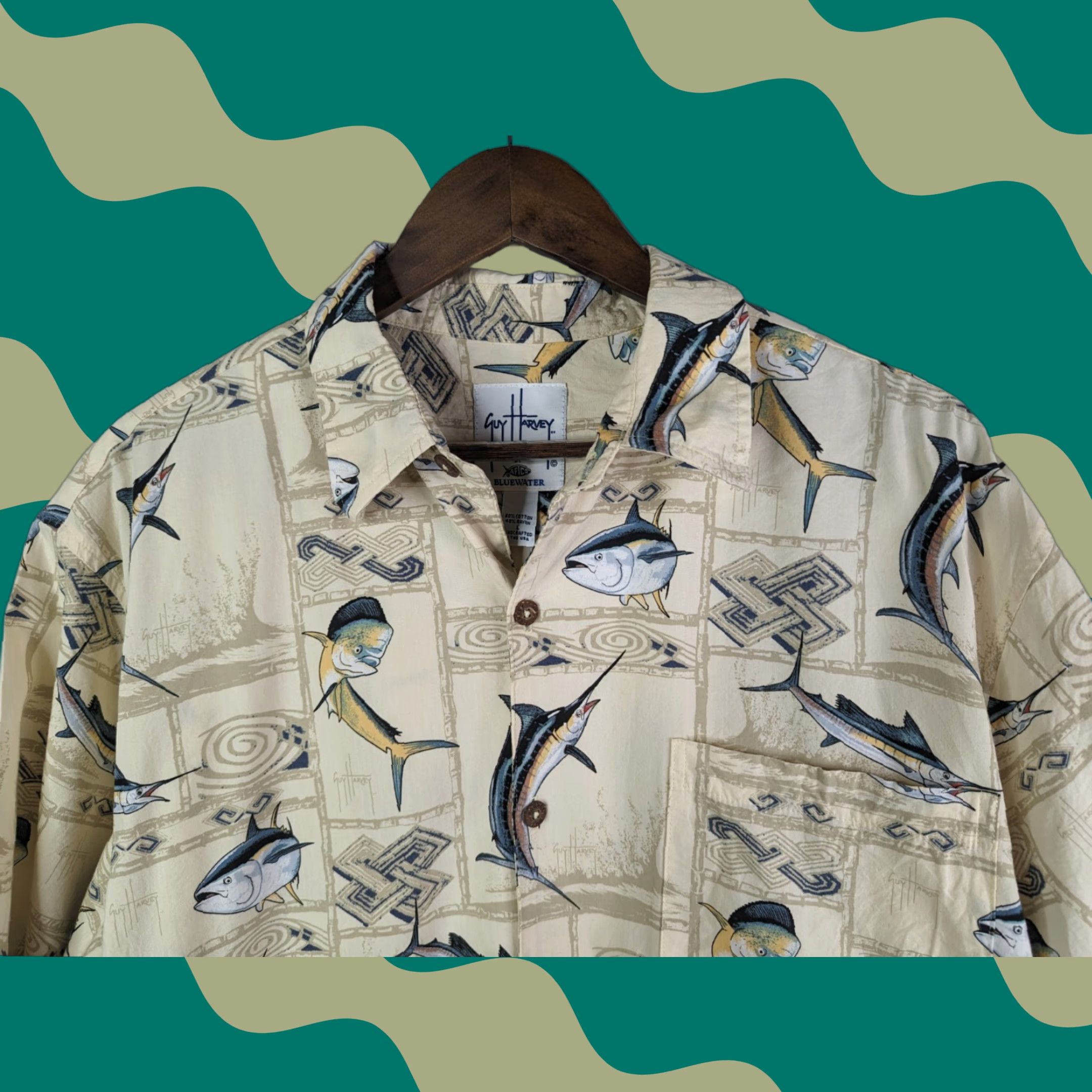 Guy Harvey Guy Harvey by AFTCO Blue Water Shirt Mens Large Marlin Nautical Fishing USA Beige Cotton Shirt Size US L / EU 52-54 / 3 - 1 Thumbnail
