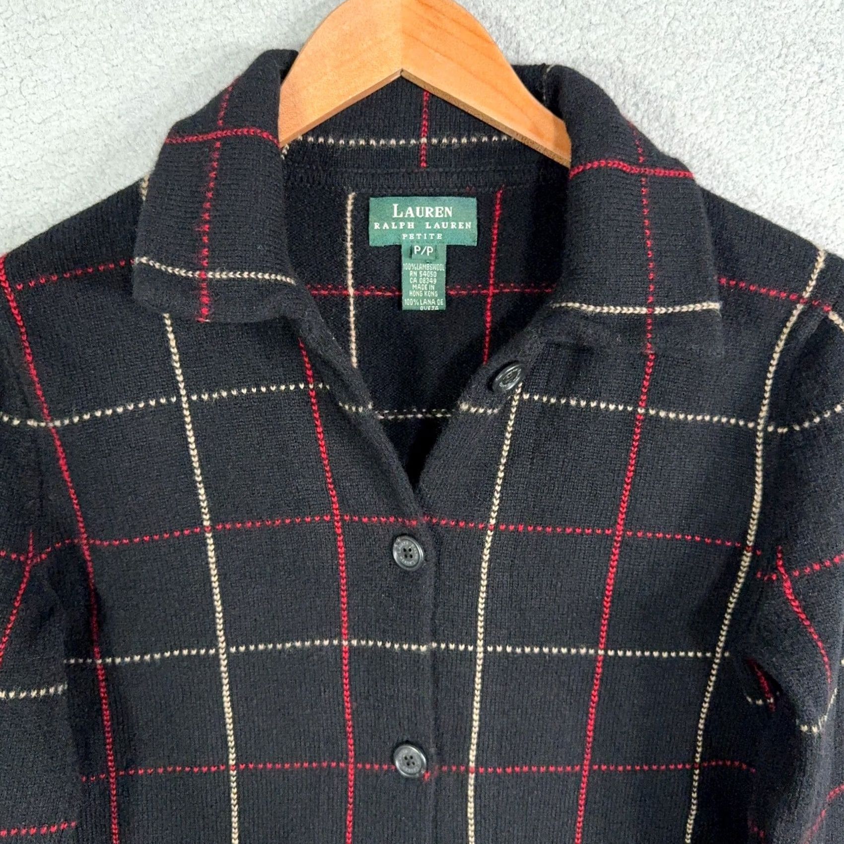 Ralph Lauren VINTAGE Lauren Ralph Lauren Cardigan Sweater Women 100% Wool Check Windowpane Pockets PXS XS Black 90s Preppy Classic Minimalist Modern Size XXS / US 00 / IT 34 - 2 Thumbnail