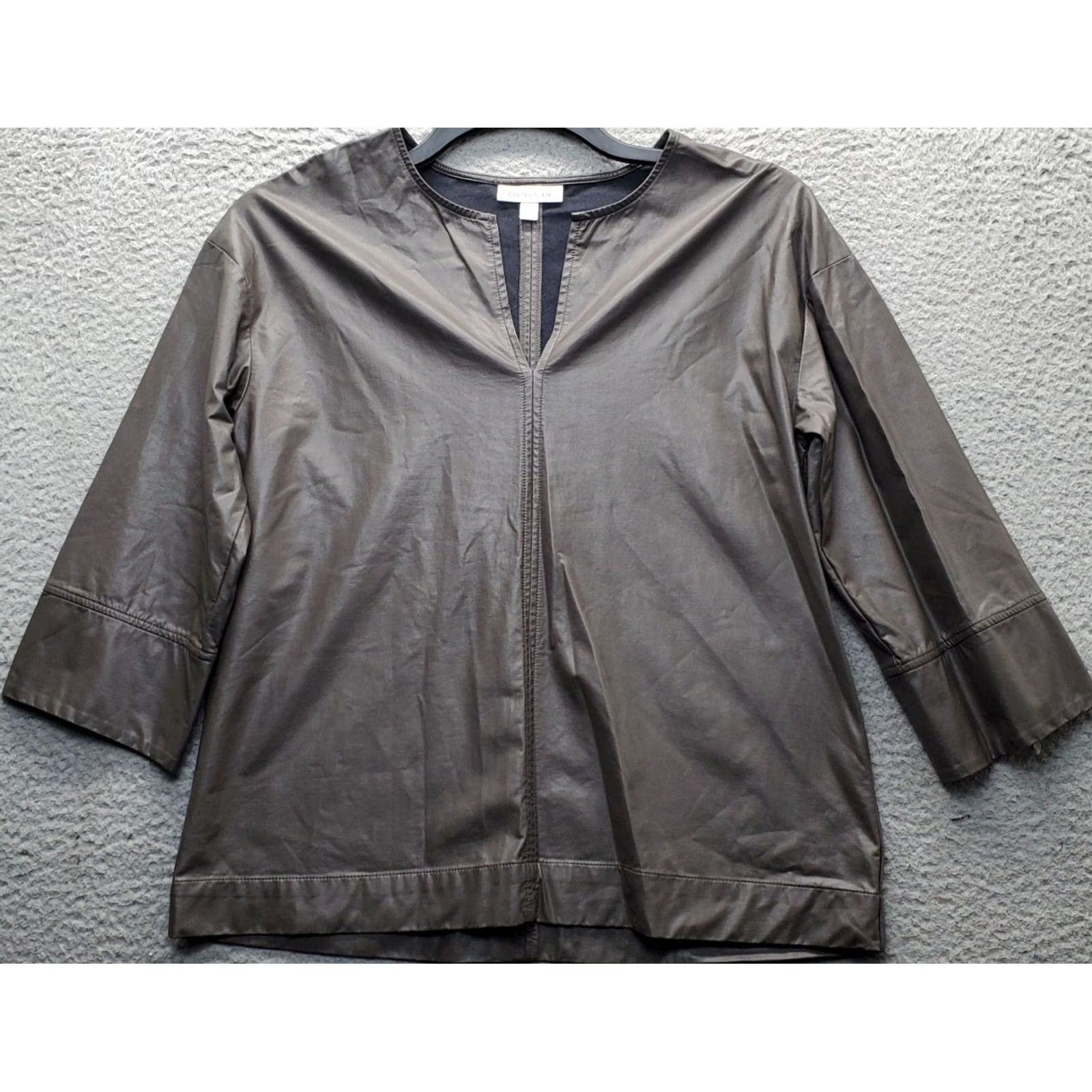 Vintage Prologue Womens Small Brown Faux Leather Top Shirt V-Neck Long Sleeve Split Neck Regular Size S Size S / US 4 / IT 40 - 2 Thumbnail
