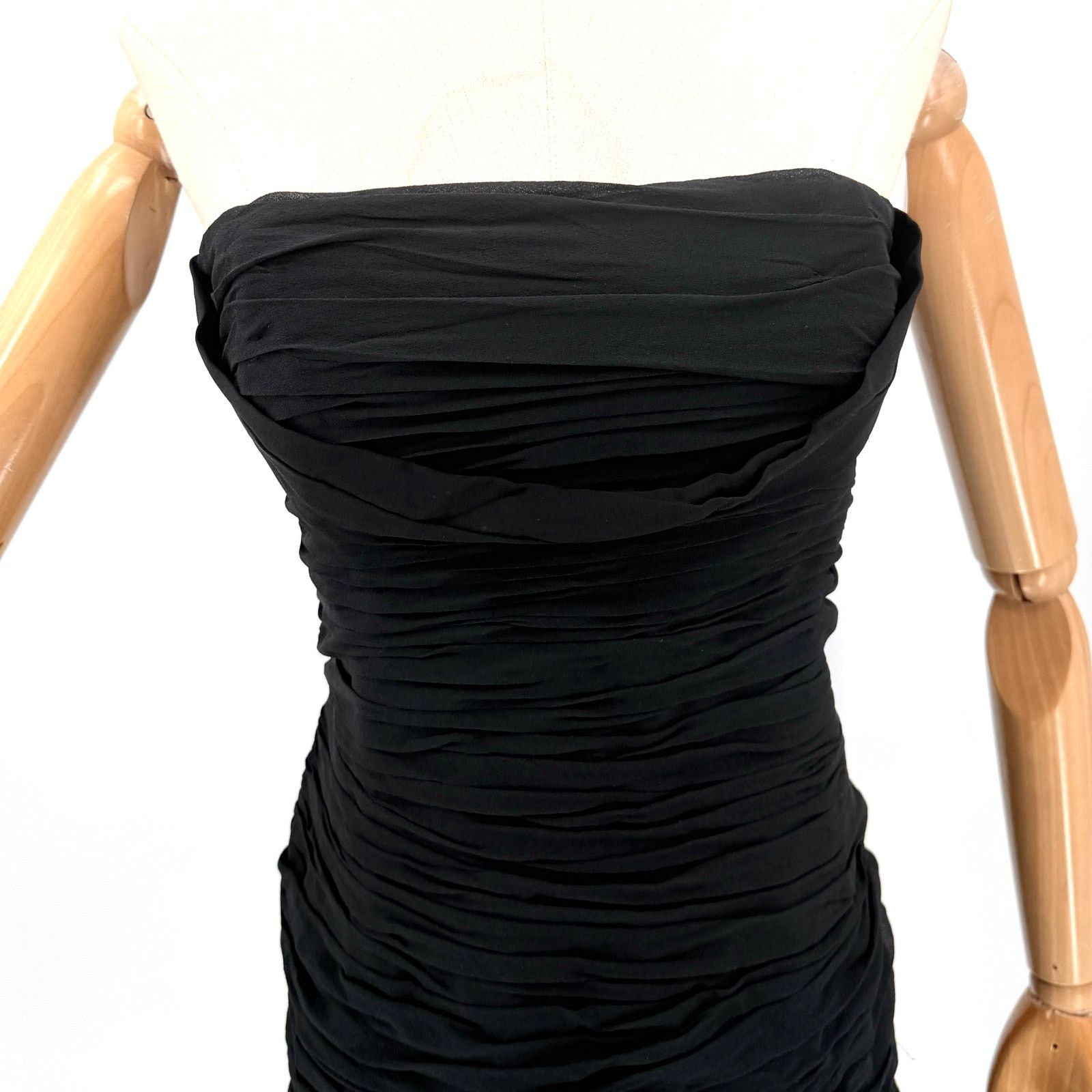 Vintage Vintage 90s Black 100% Silk Ruched Strapless Midi Dress Size L / US 10 / IT 46 - 2 Thumbnail