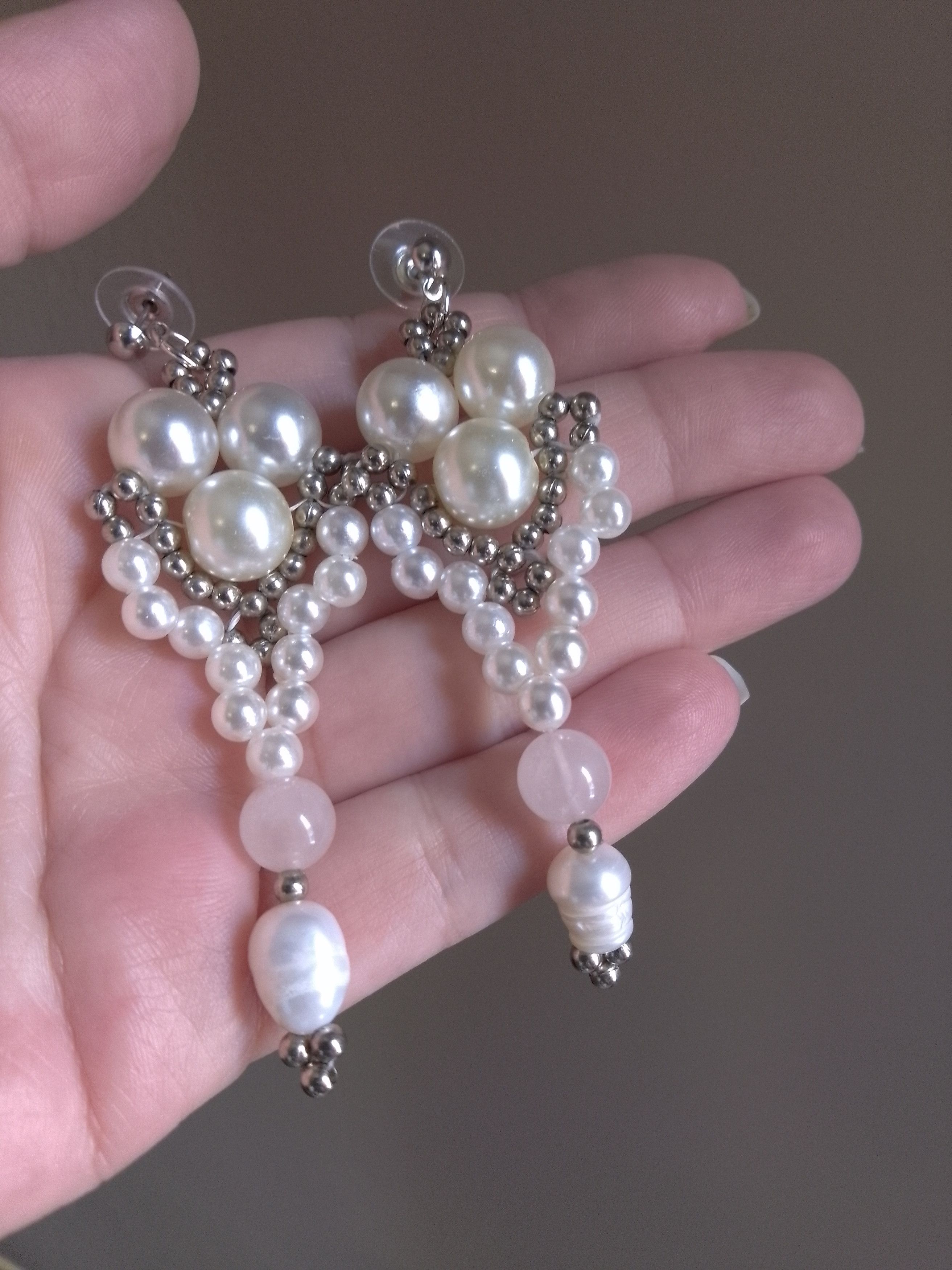 Handmade Earrings with freshwater pearls Rose Quartz gemstones Size ONE SIZE - 2 Thumbnail