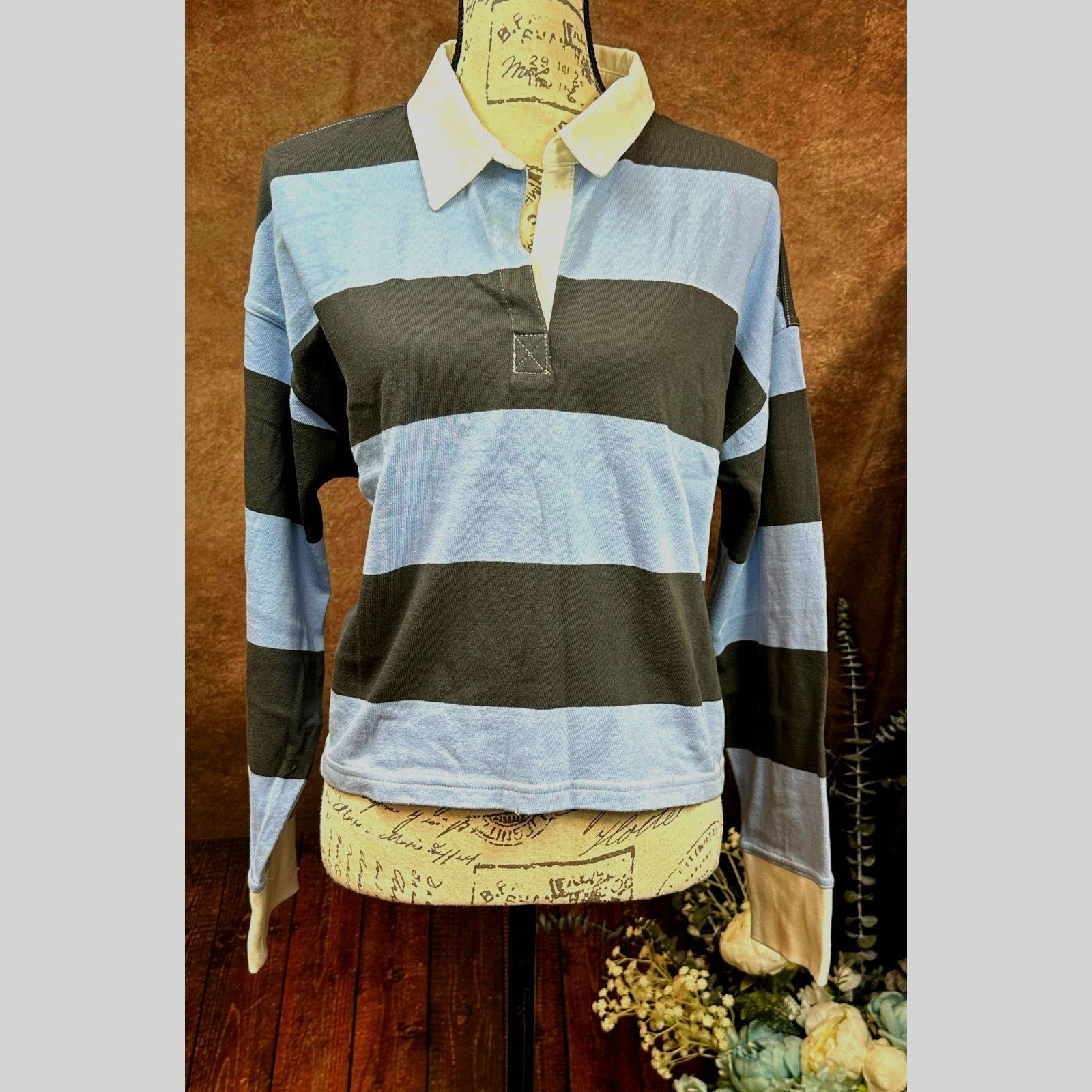 Other Aerie Striped Cropped Long Sleeve Collared Top Blue Black L Size L / US 10 / IT 46 - 2 Thumbnail