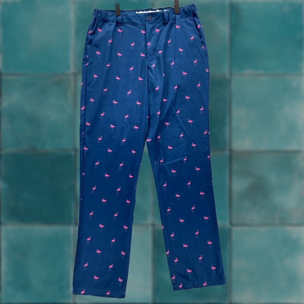 Vintage Tipsy Elves Mens Golf Pants Flamingo Print Navy Blue Flat Front 30in Inseam Stretch Pockets XS? Size US 31 - 1 Thumbnail