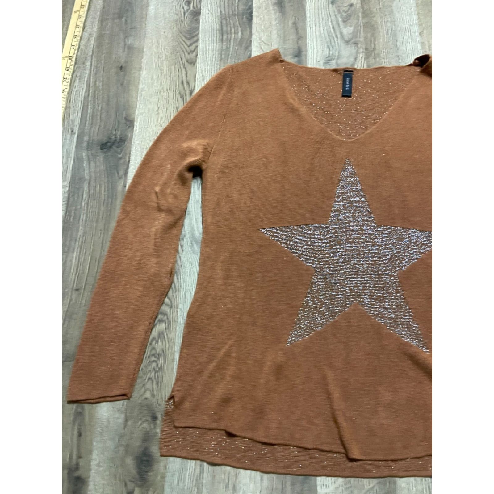 Vintage Venti6 Shirt Women's S/M Brown Gold Star Long Sleeve V-neck T-Shirt Casual Fall Spring Summer Size S / US 4 / IT 40 - 3 Thumbnail