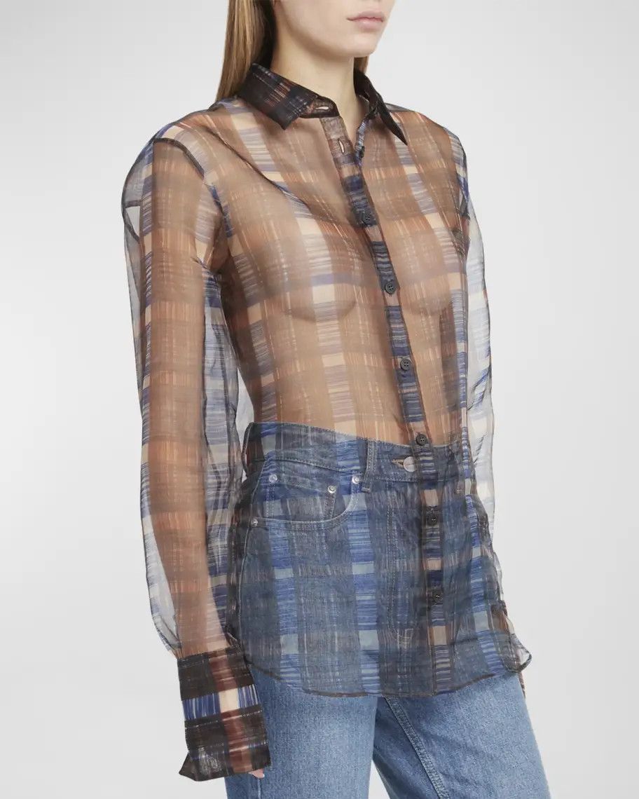 Salvatore Ferragamo o1s1rm0924 August Organza Check Shirt in Multicolor Size L / US 10 / IT 46 - 2 Thumbnail