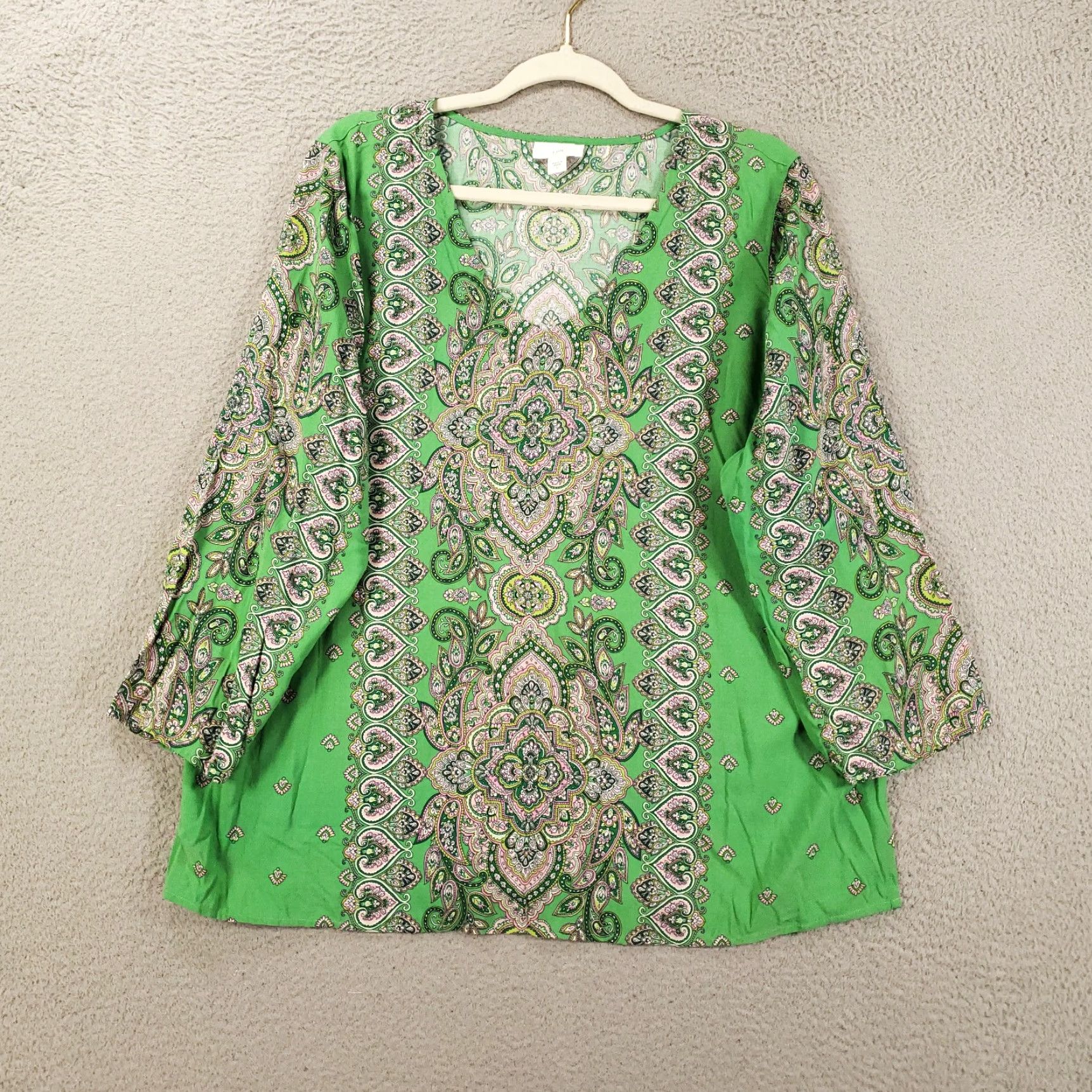 J. Jill J. Jill Boho Tunic Womens Large Green Lightweight V-Neck Top Print Geometric Rayon Blouse Size L / US 10 / IT 46 - 3 Thumbnail