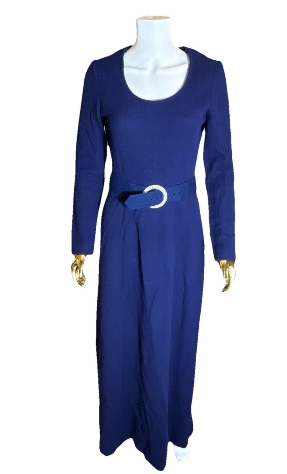 Other Vintage Royal Blue Ribbed Knit Maxi Dress Long Sleeve Belted Size M / US 6-8 / IT 42-44 - 1 Thumbnail