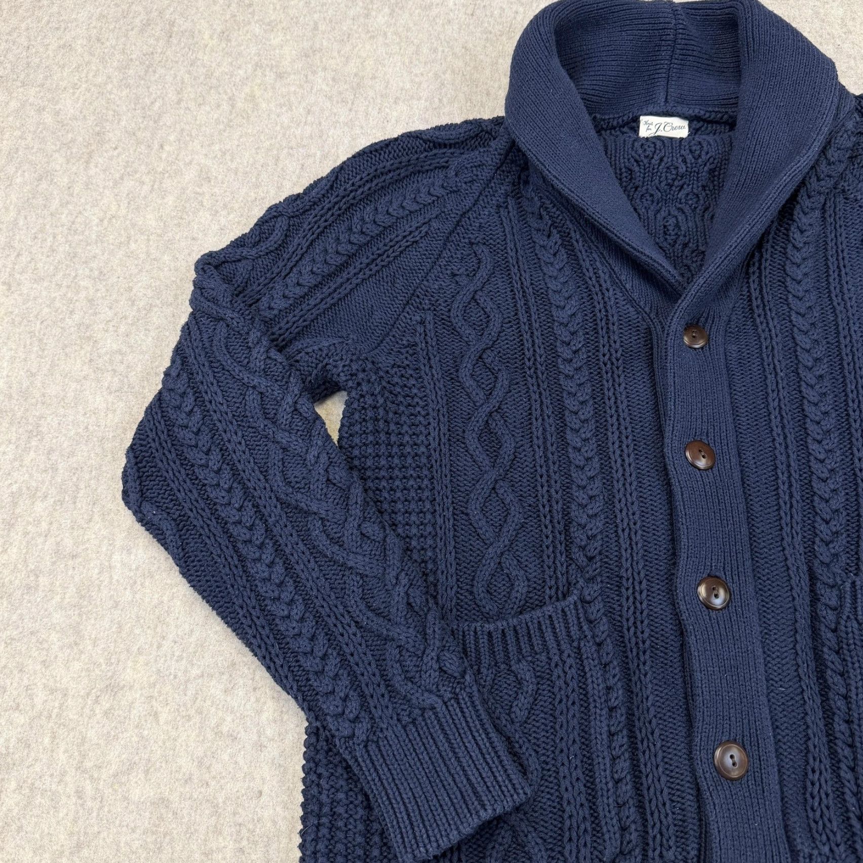 J.Crew Cable Knit 3-D Shawl Sweater Chunky Men's Medium J. Crew BA280 Cable Knit 3-D Shawl Sweater Cardigan with Pockets Blue M Men Size US M / EU 48-50 / 2 - 6 Thumbnail