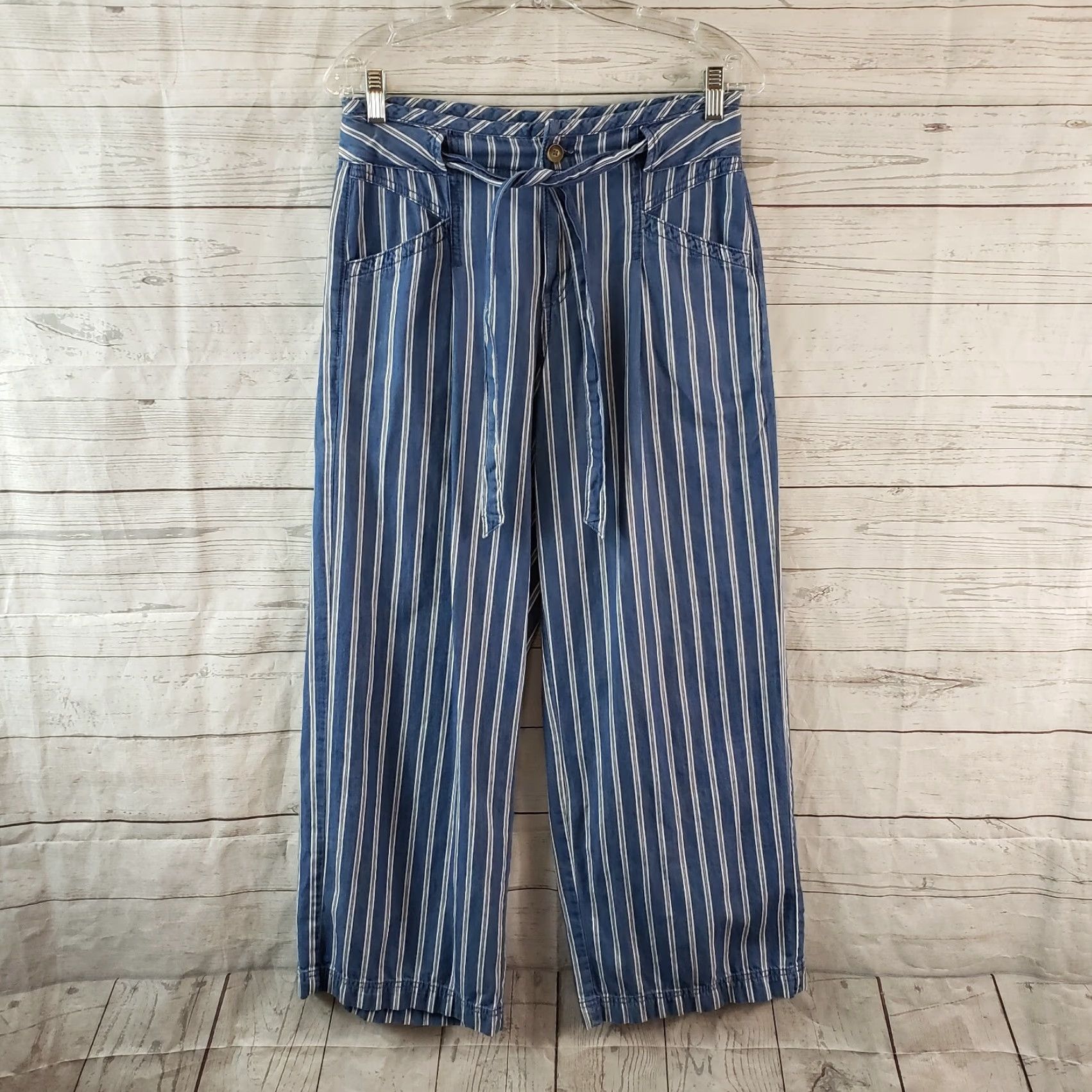 American Eagle Outfitters American Eagle Womens Wide Leg Pants Sz 4 Blue White Stripe High Rise Cotton Size 27" / US 4 / IT 40 - 2 Thumbnail