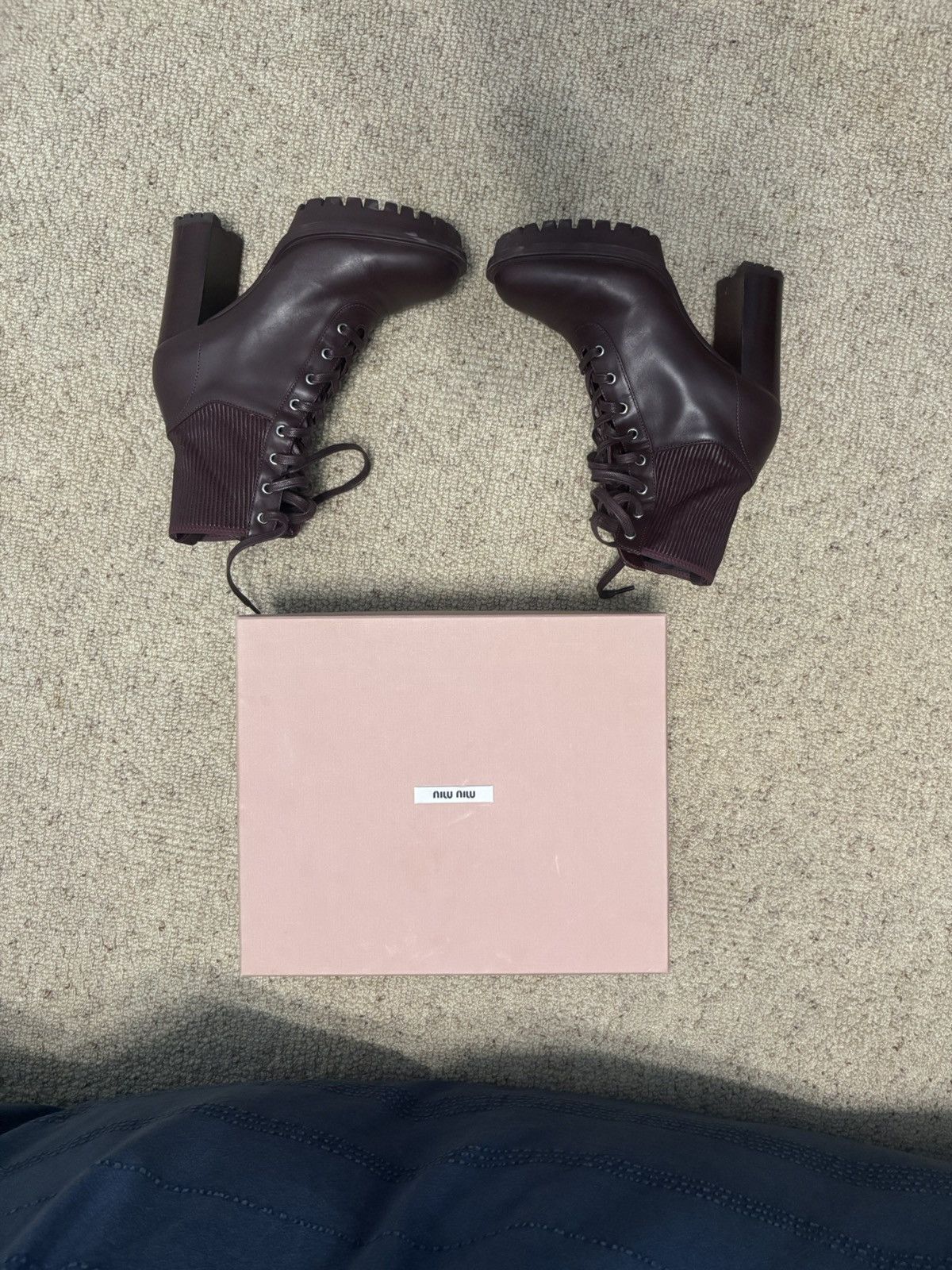 Miu Miu Miu Miu 5XP561 Lace-Up Ankle Boots Nero + Granato Burgundy Size US 7.5 / IT 37.5 - 2 Thumbnail
