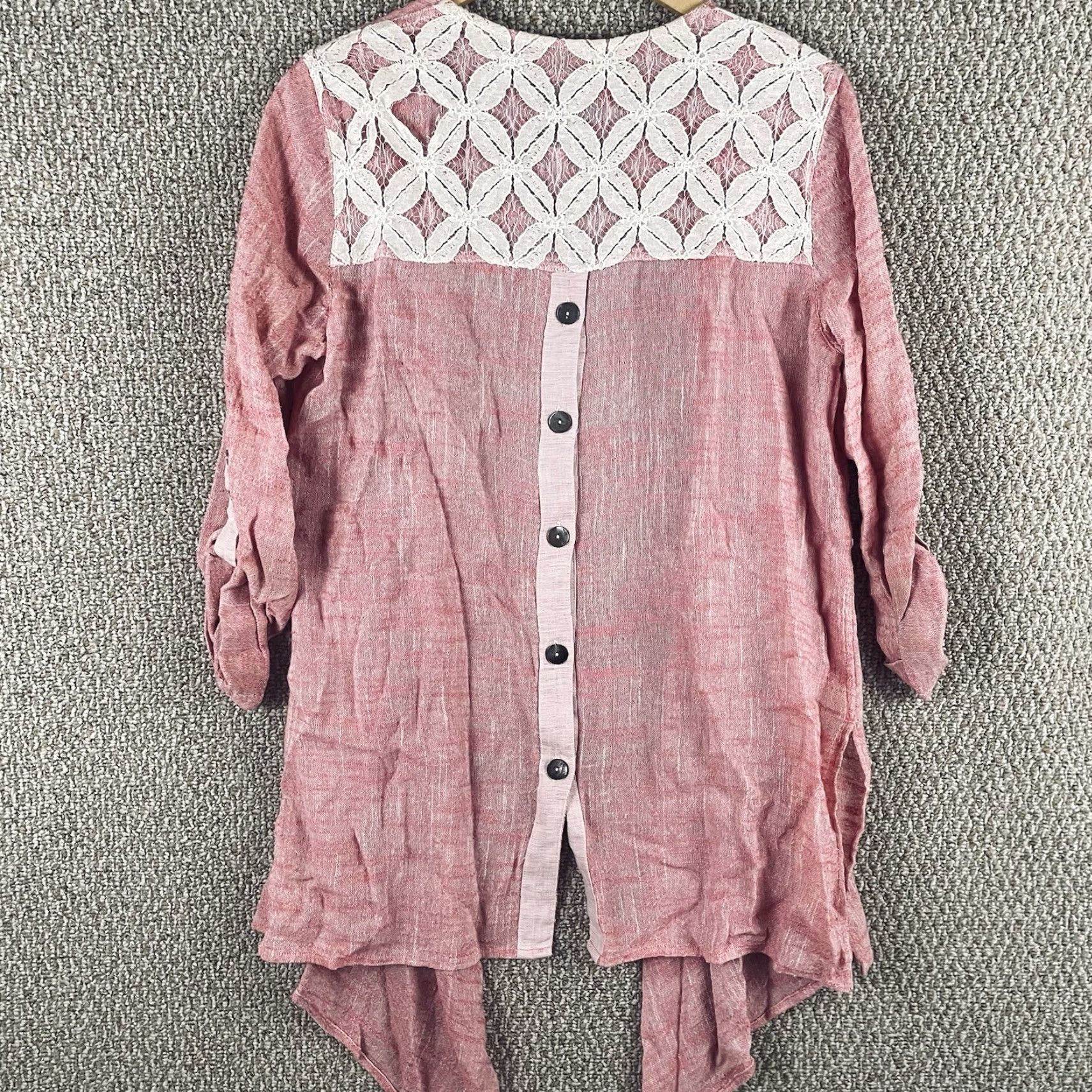Vintage John Mark Cardigan Small Pink Linen Blend Open Front Lace 3/4 Sleeve Shawl Neckline Womens Cardigan 90s Bohemian Vintage No Size S / US 4 / IT 40 - 7 Thumbnail