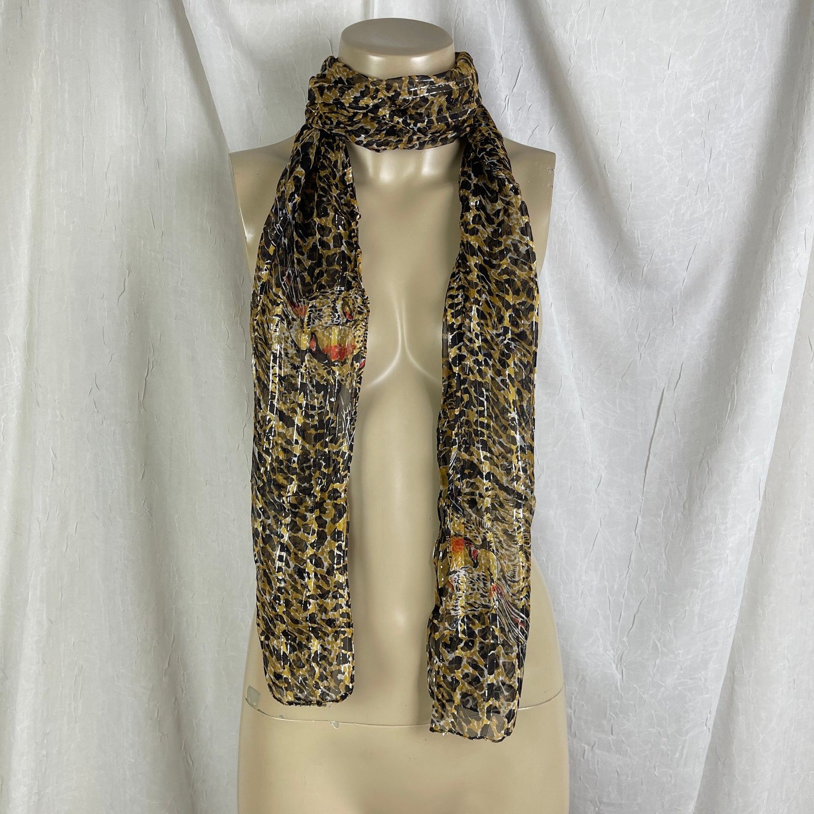 Vintage VTG Leopard Print Sheer Scarf Striped Silver Brown Black Red Size ONE SIZE - 11 Thumbnail