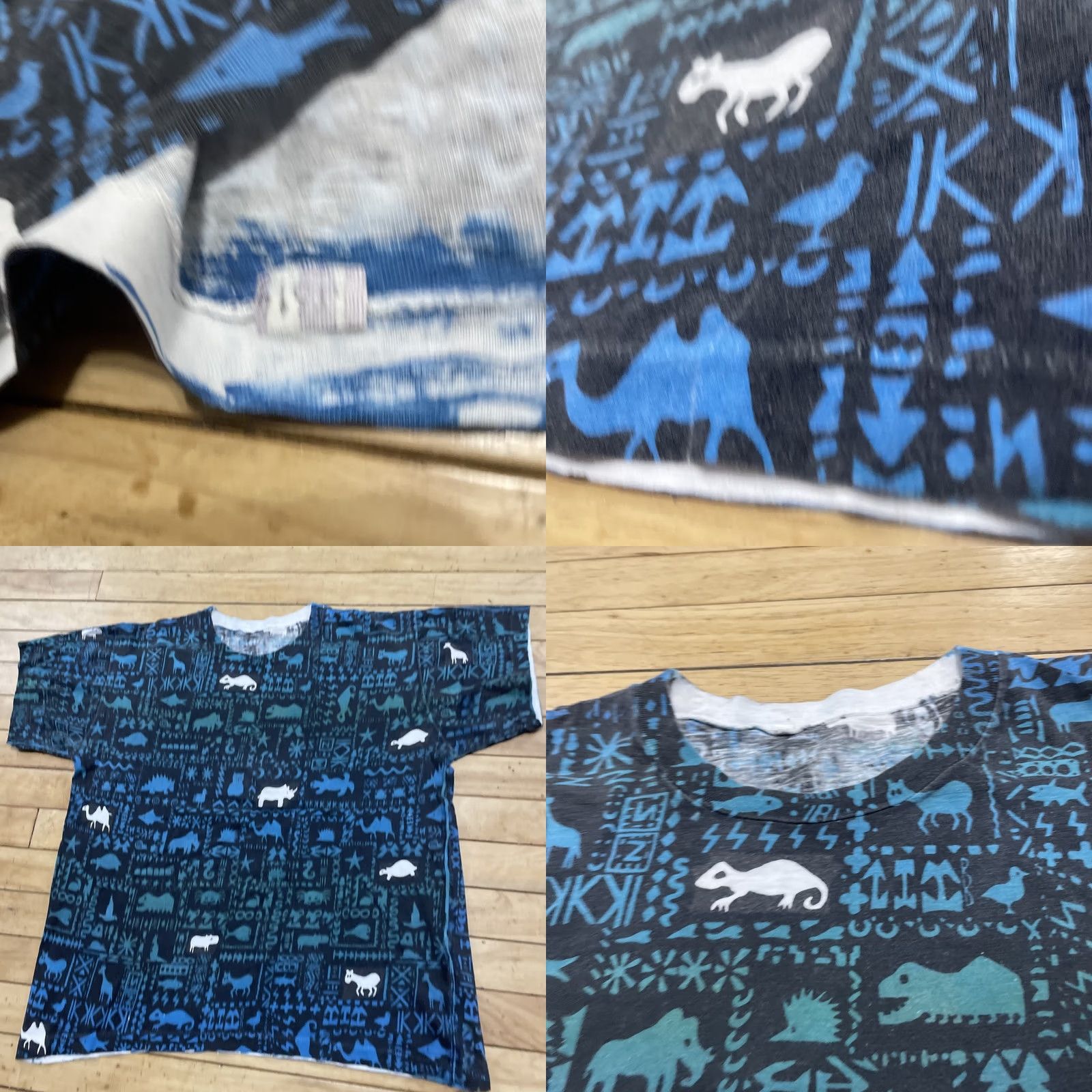 Vintage vtg 80s Single Stitch T Shirt TRIBAL ART Animal 90s Graphic AOP Crop Teal Men M Shirt Size US M / EU 48-50 / 2 - 11 Thumbnail