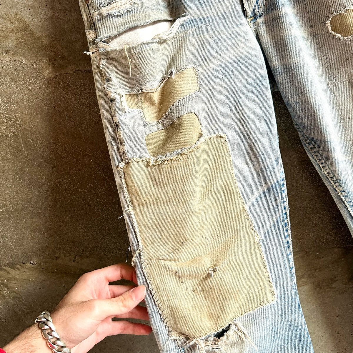 Lee × Vintage Vintage Lee THRASHED Sashiko Patchwork Repair Denim Size US 33 - 3 Thumbnail