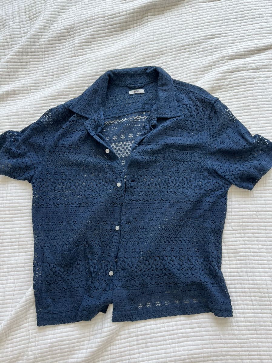 Bode 500USD BODE Sampler Quaker Lace Shirt - Navy Size US L / EU 52-54 / 3 - 6 Thumbnail