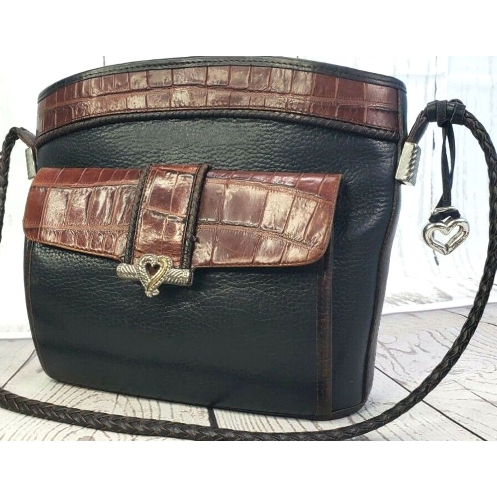 Brighton VINTAGE Brighton Leather Crossbody Shoulder Bag Braided Sling Brown & Black 9" x 11" Small Womens Bag Size ONE SIZE - 2 Thumbnail