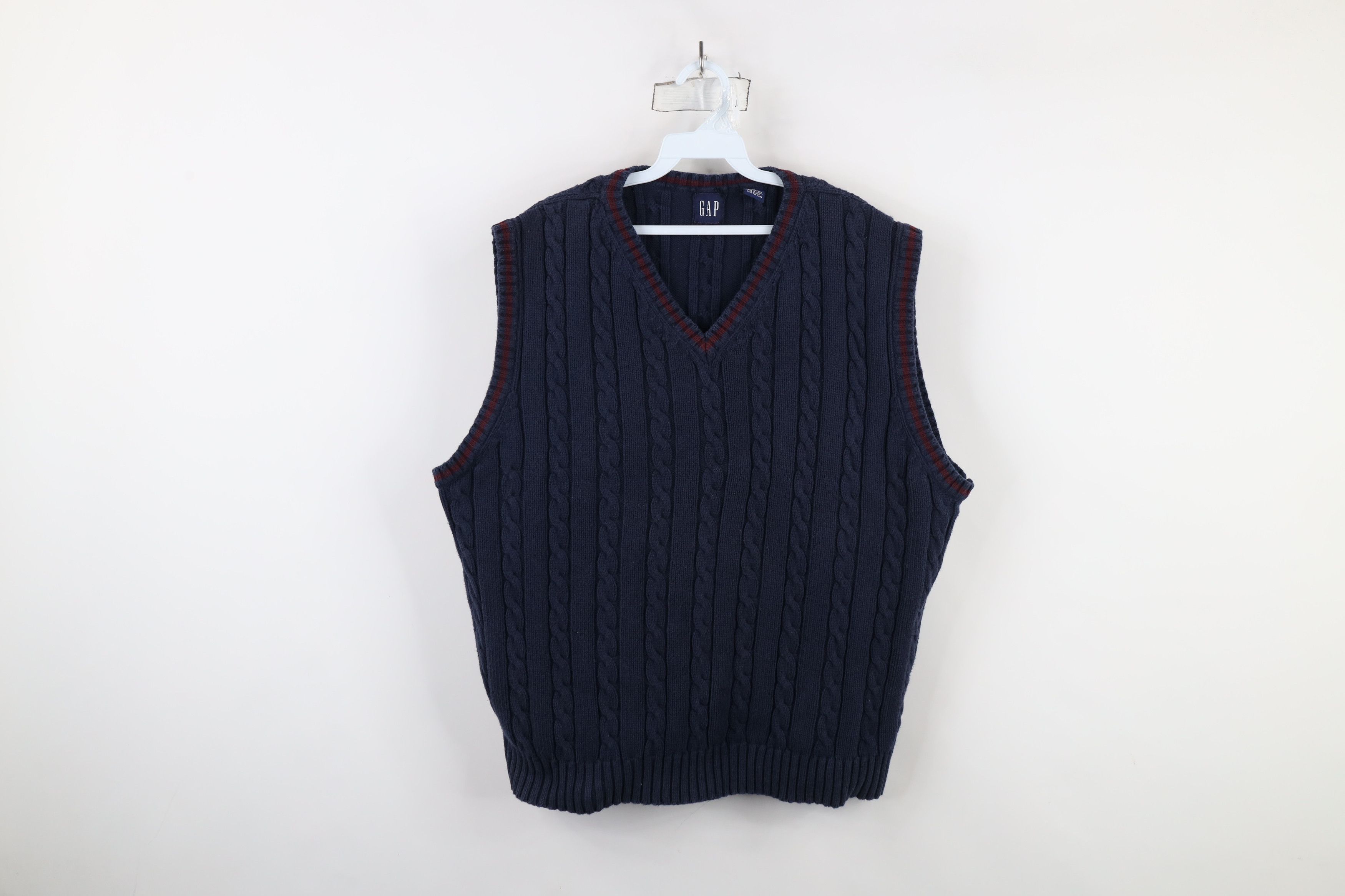 Gap × Vintage Vintage 90s Gap Cable Knit V-Neck Sweater Vest Blue Cotton Size US XL / EU 56 / 4 - 1 Thumbnail