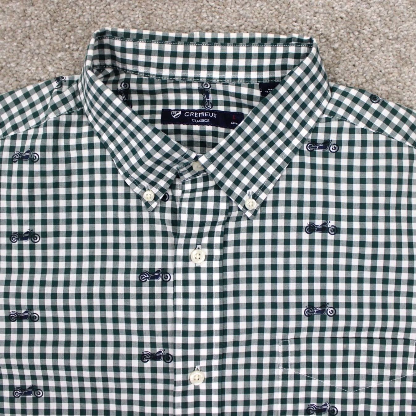 Cremieux Cremieux Classics Shirt Mens Large Green Ginham Motorcycle Print L/S Cotton Size US L / EU 52-54 / 3 - 6 Thumbnail