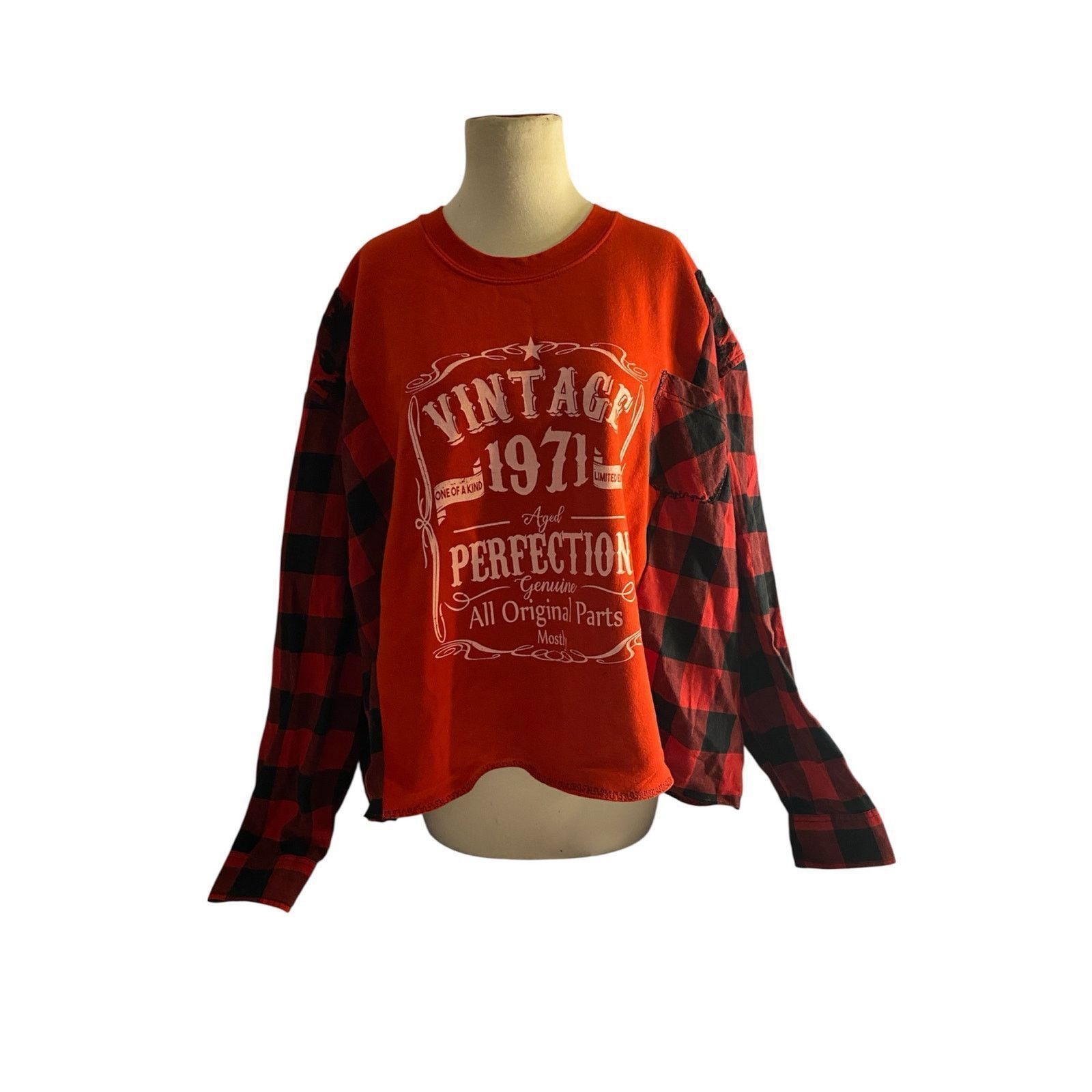 Handmade Upcycled Grunge Flannel Sleeve Vintage Red Black Plaid 2X Size ONE SIZE - 2 Thumbnail