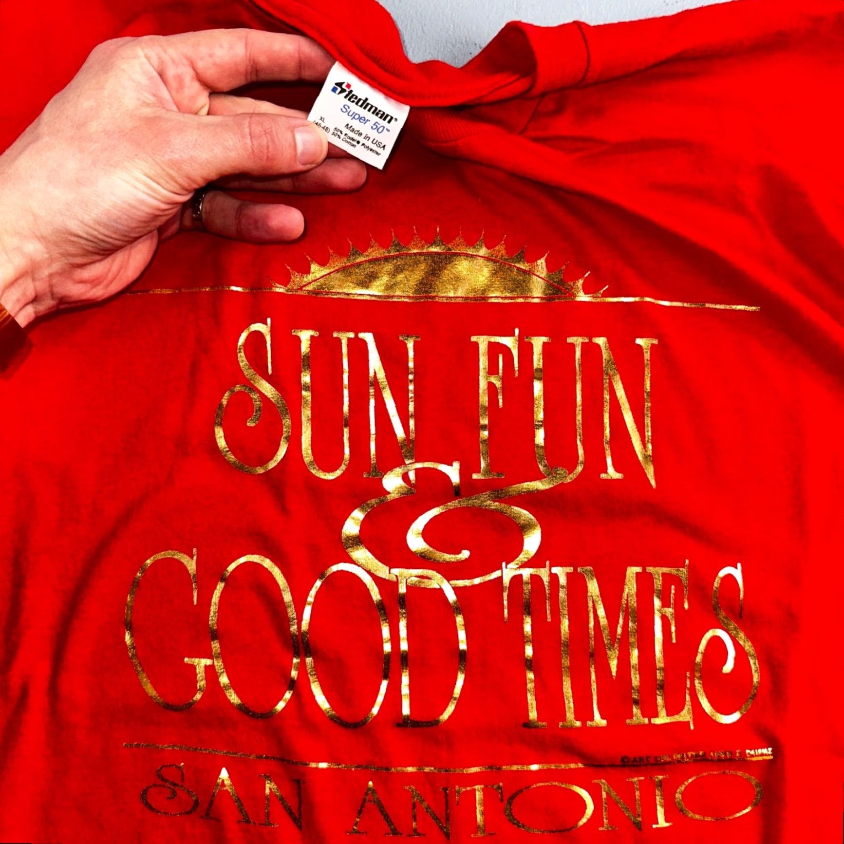 Vintage VINTAGE Stedman T-Shirt Sun Fun Good Times 80s 70s 90s San Antonio Texas Red XL Men Crew Neck Short Sleeve Single Stitch Graphic Print Size US XL / EU 56 / 4 - 5 Thumbnail