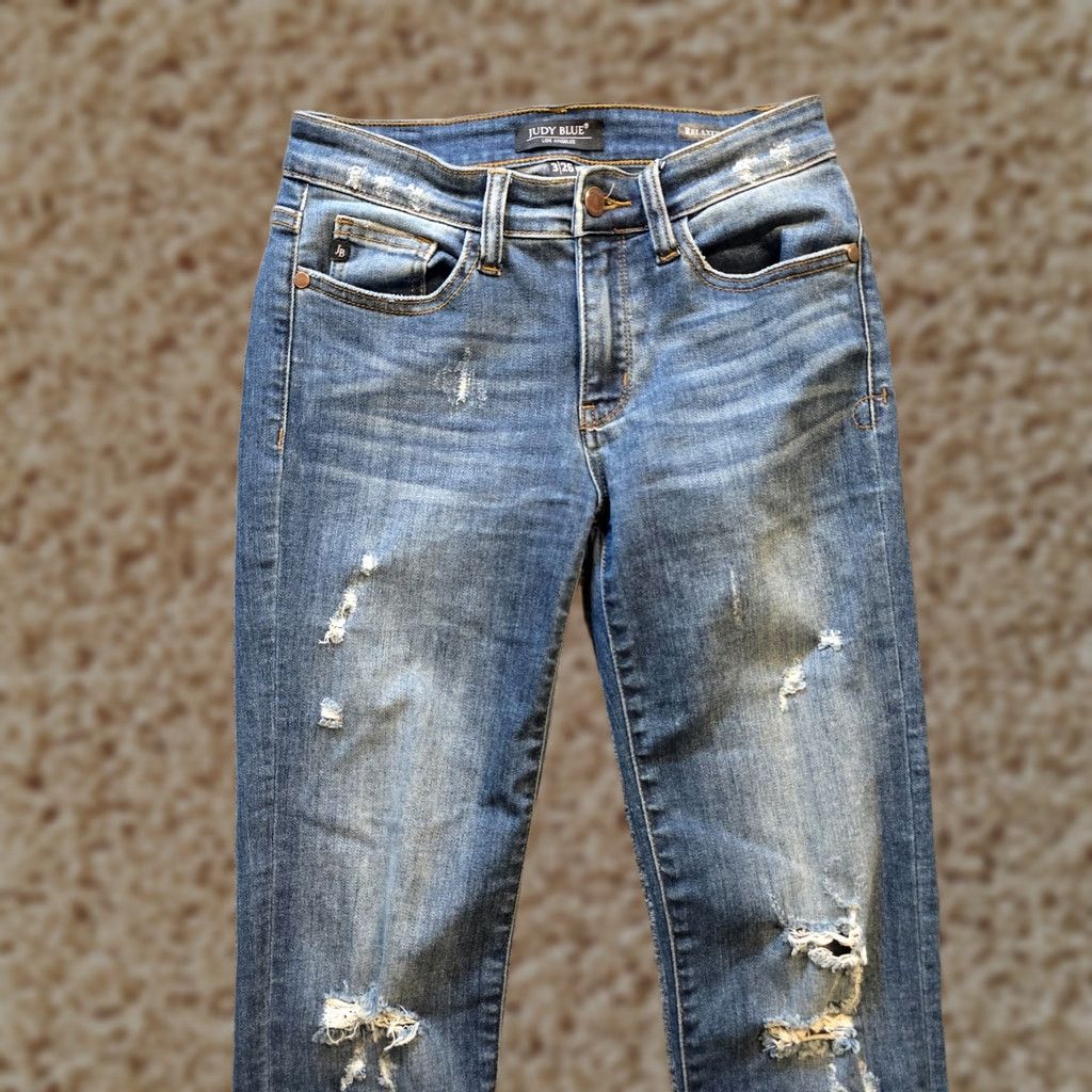 Vintage Judy Blue Jeans Women Size 26 Blue Relaxed Fit Stretch Distressed Casual Capsule Jeans Bohemian City 5-Pocket Ankle Mid Rise Mens Womens Girls Size 26" / US 2 / IT 38 - 1 Thumbnail