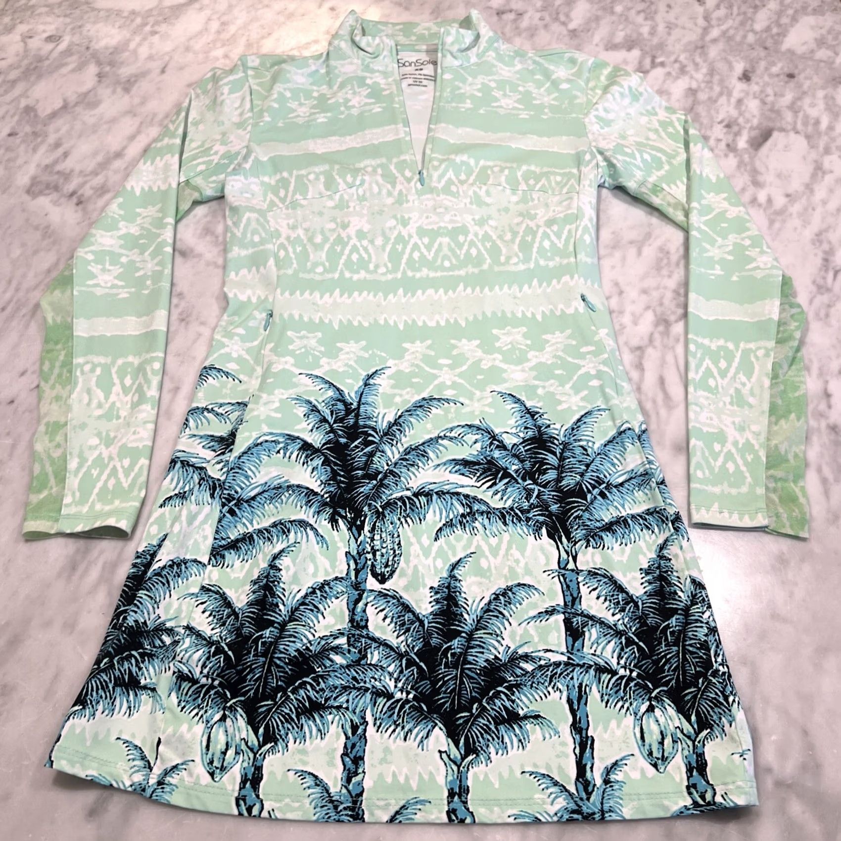Vintage San Soleil Dress XS Long Sleeve Tropical UV 50 Pockets Green Nylon Spandex Size XS / US 0-2 / IT 36-38 - 2 Thumbnail