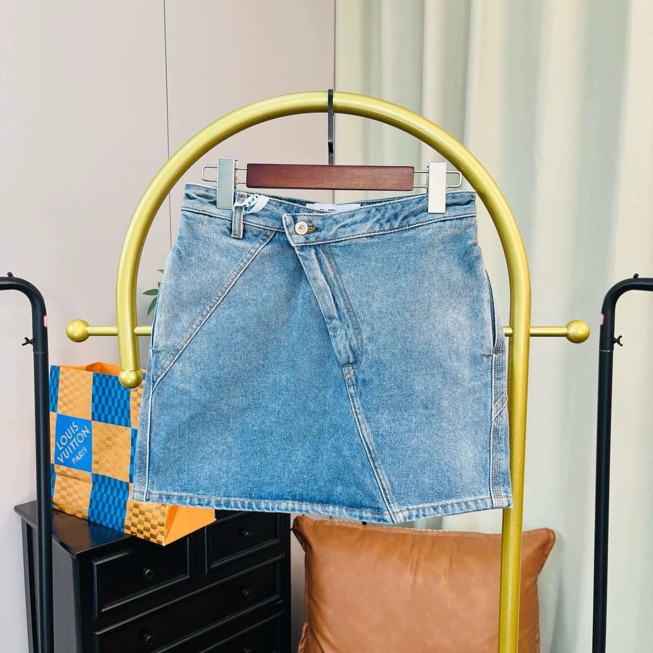 Loewe Blue Denim Mini Skirt with Leather Patch