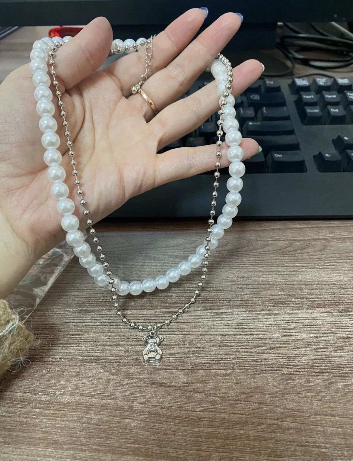 Jewelry Double Layer Pearl Bear Necklace Silver Necklace Size ONE SIZE - 2 Thumbnail