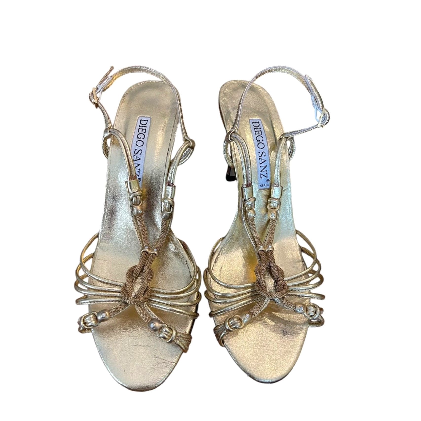 Vintage Diego Sanz Strappy Sandals Gold 7.5 Women 3.5 Inch Heel Shoes Size 7.5 Spain, Synthetic Upper Size US 8 / IT 38 - 2 Thumbnail