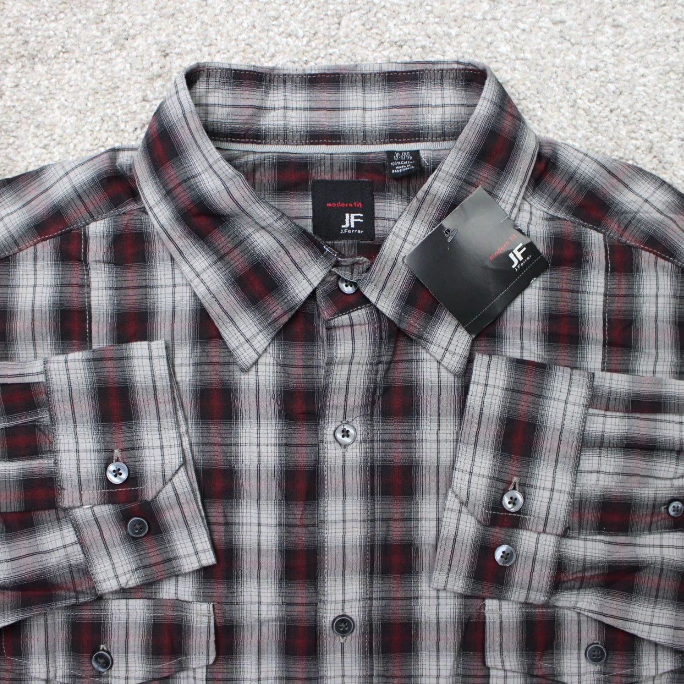 Vintage JF J. Ferrar Shirt Mens XL 17-17 1/2 Red/Gray Plaid Modern Fit Cotton L/S NWT Button-Up Shirt Mens XL Red Gray Plaid Size US XL / EU 56 / 4 - 2 Thumbnail