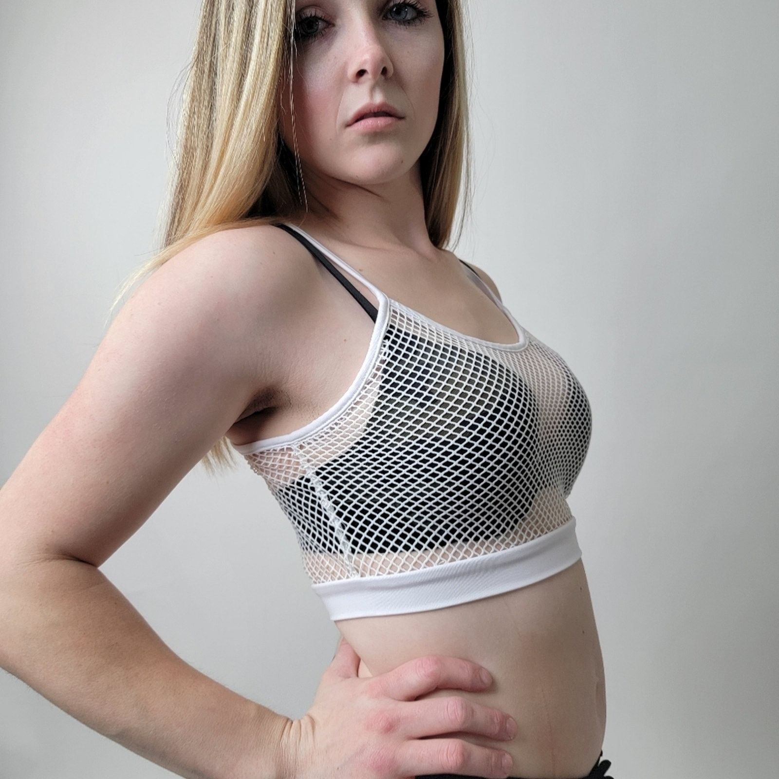 Designer White fishnet crop tank top sheer mesh rave yoga Size M / US 6-8 / IT 42-44 - 1 Thumbnail
